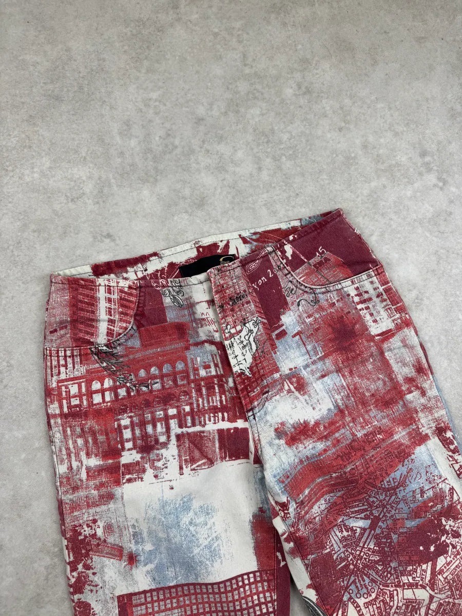 2000s Cavalli Red Graphic City Bird Print Jeans fHRIcKQU 8