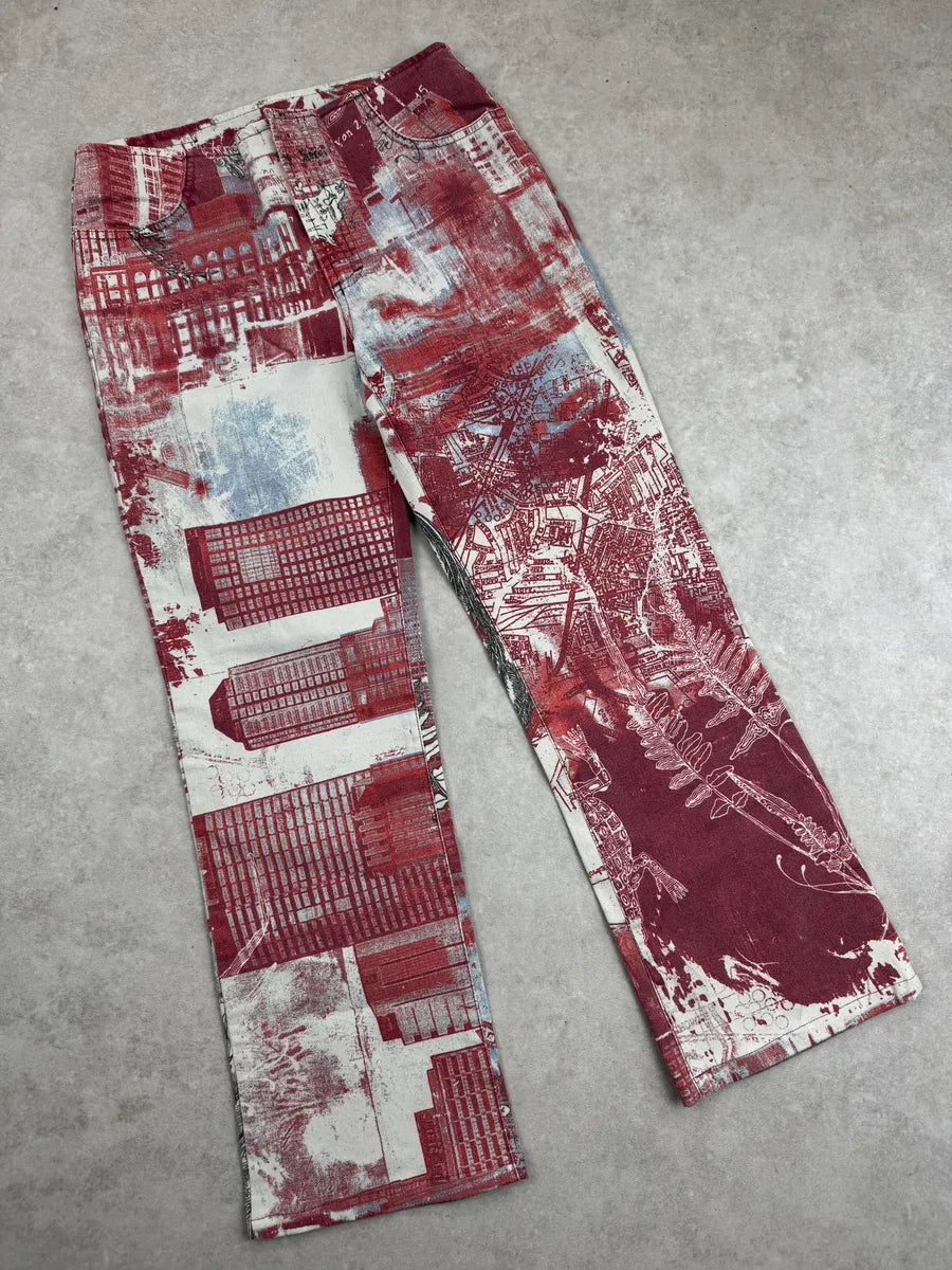 2000s Cavalli Red Graphic City Bird Print Jeans fHRIcKQU 4