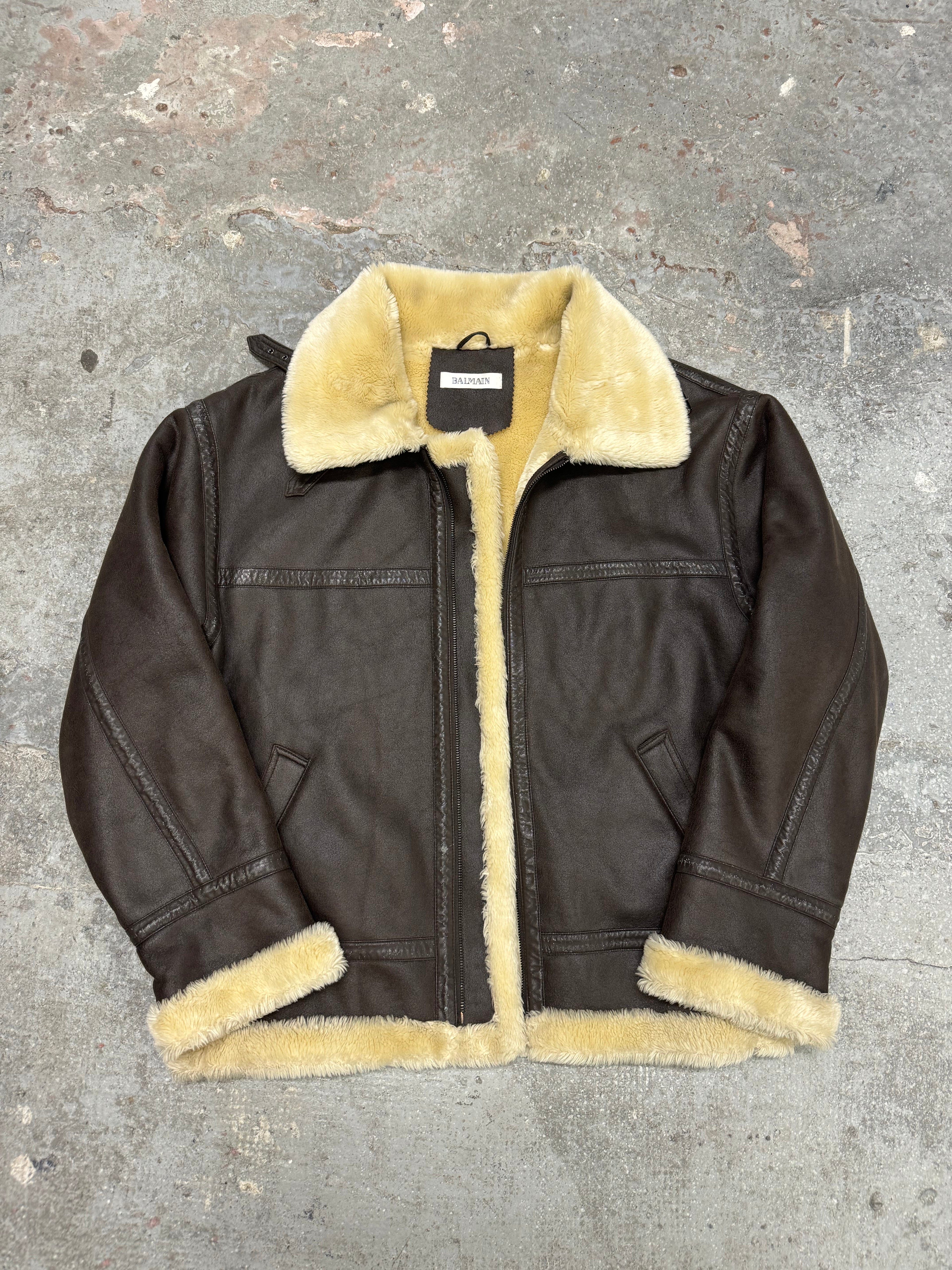 2000s Balmain Faux Fur Brown Aviator Shearling Type Leather Jacket (L/XL)