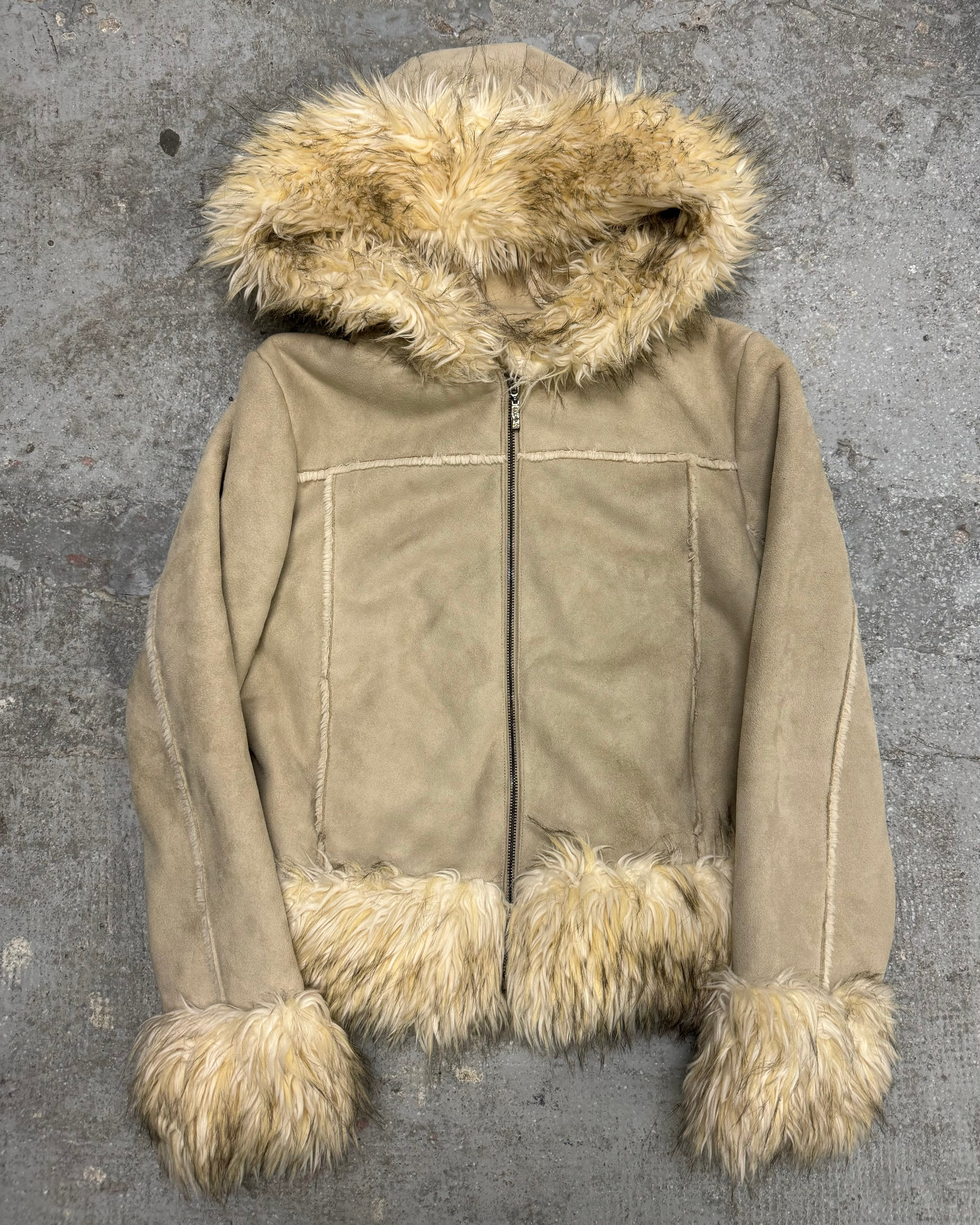 2000s Balmain Beige Faux Fur Hooded Leather Jacket  (OS)