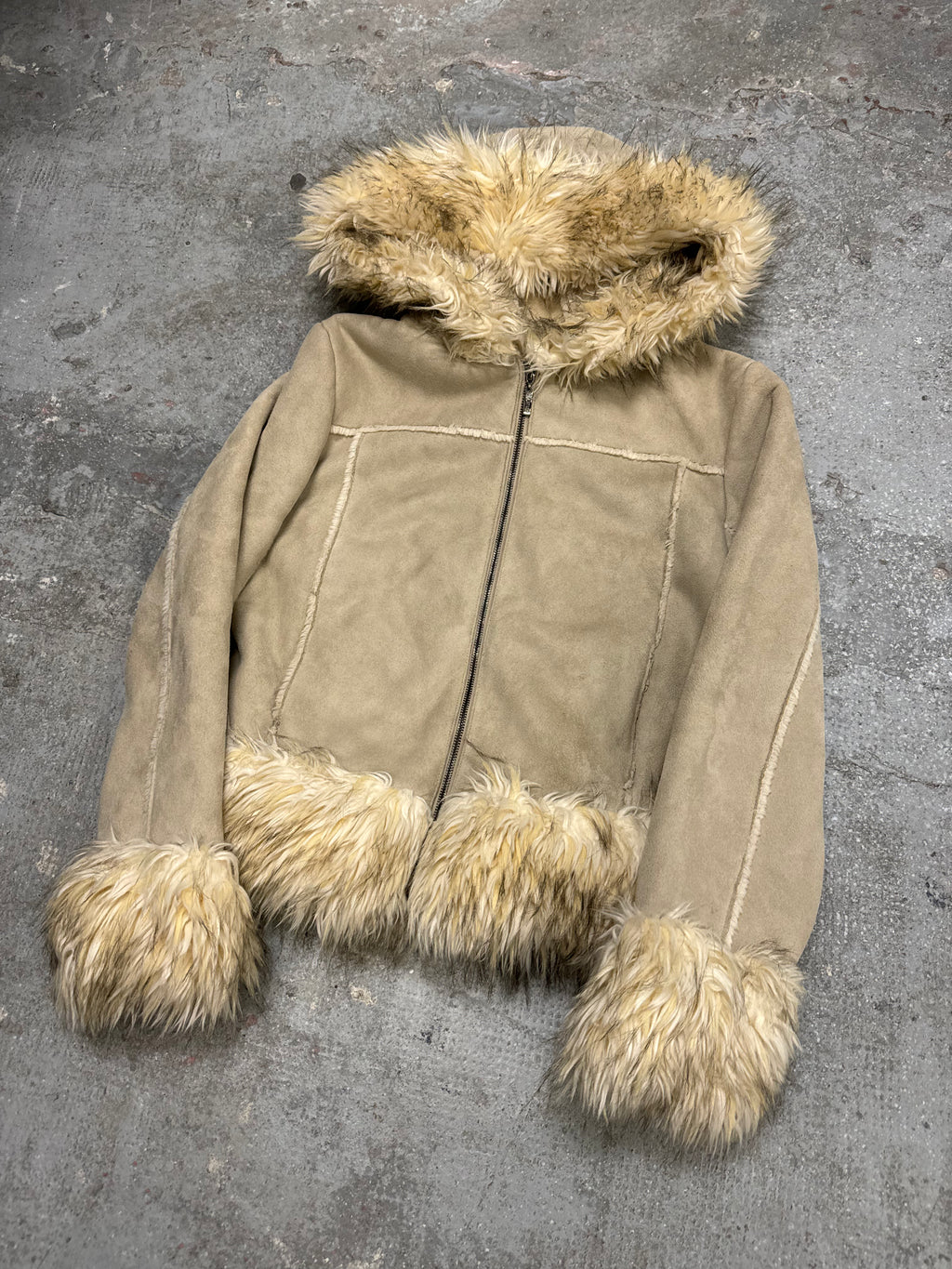 2000s Balmain Beige Faux Fur Hooded Leather Jacket  (OS)
