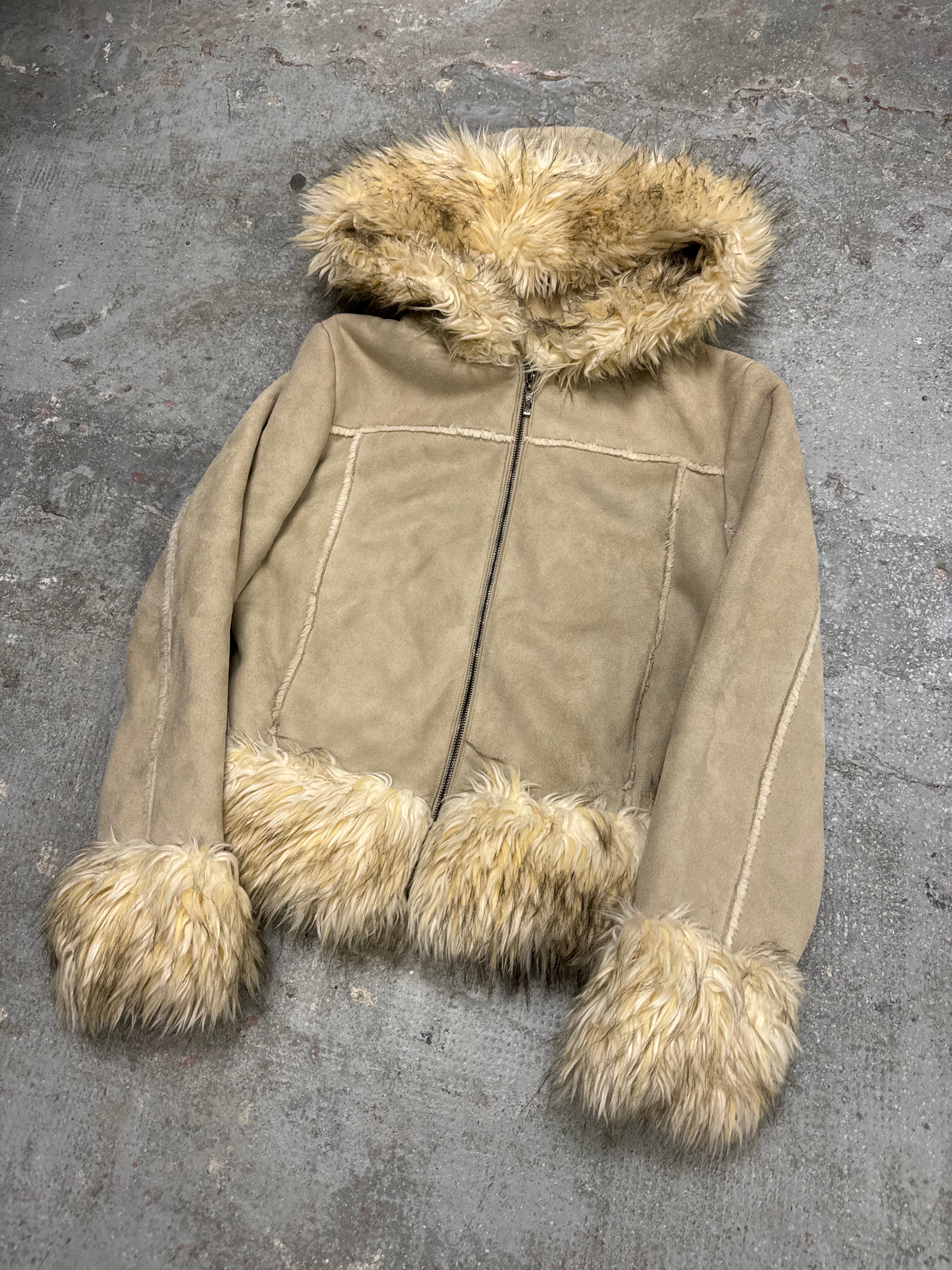 2000s Balmain Beige Faux Fur Hooded Leather Jacket  (OS)