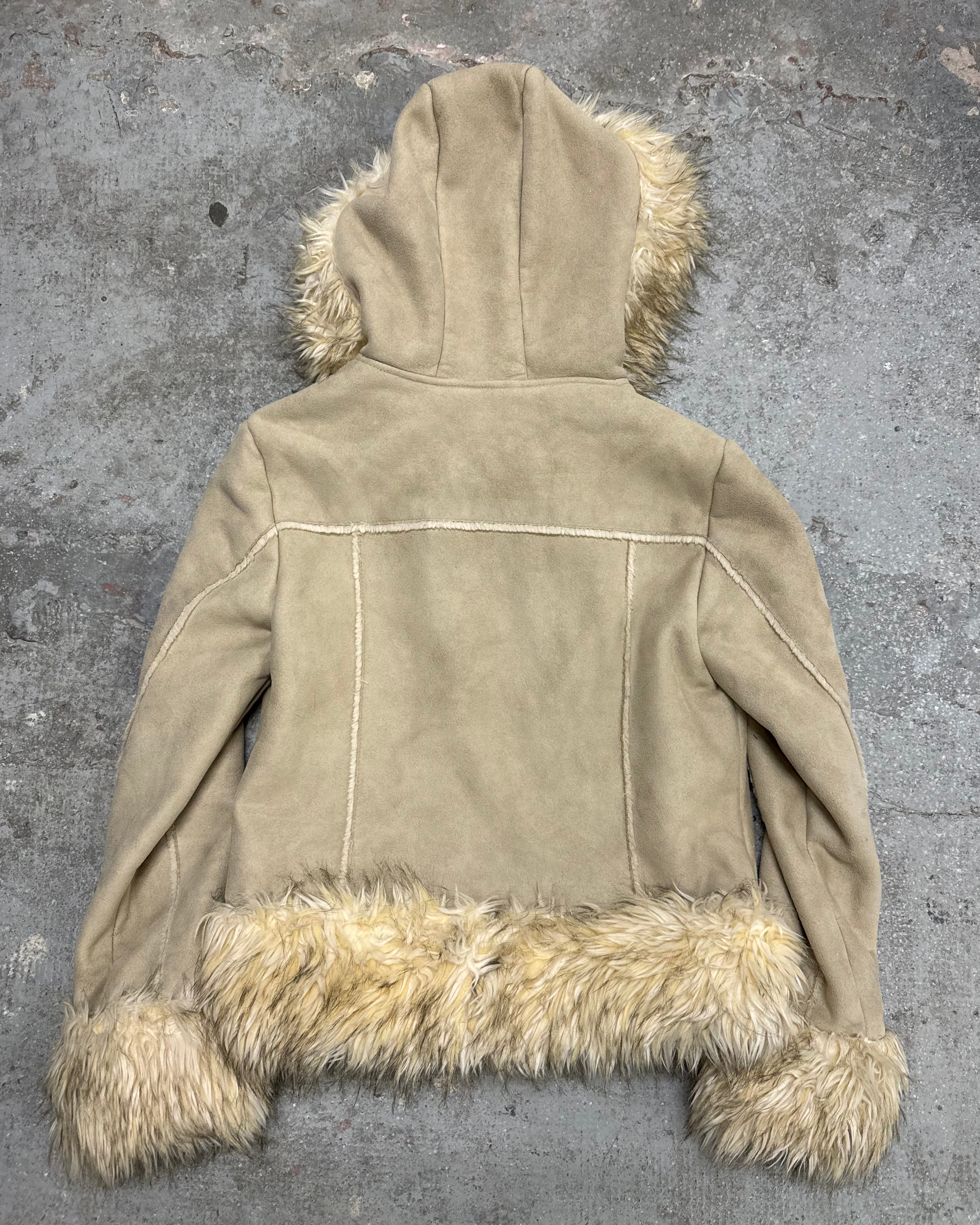 2000s Balmain Beige Faux Fur Hooded Leather Jacket  (OS)