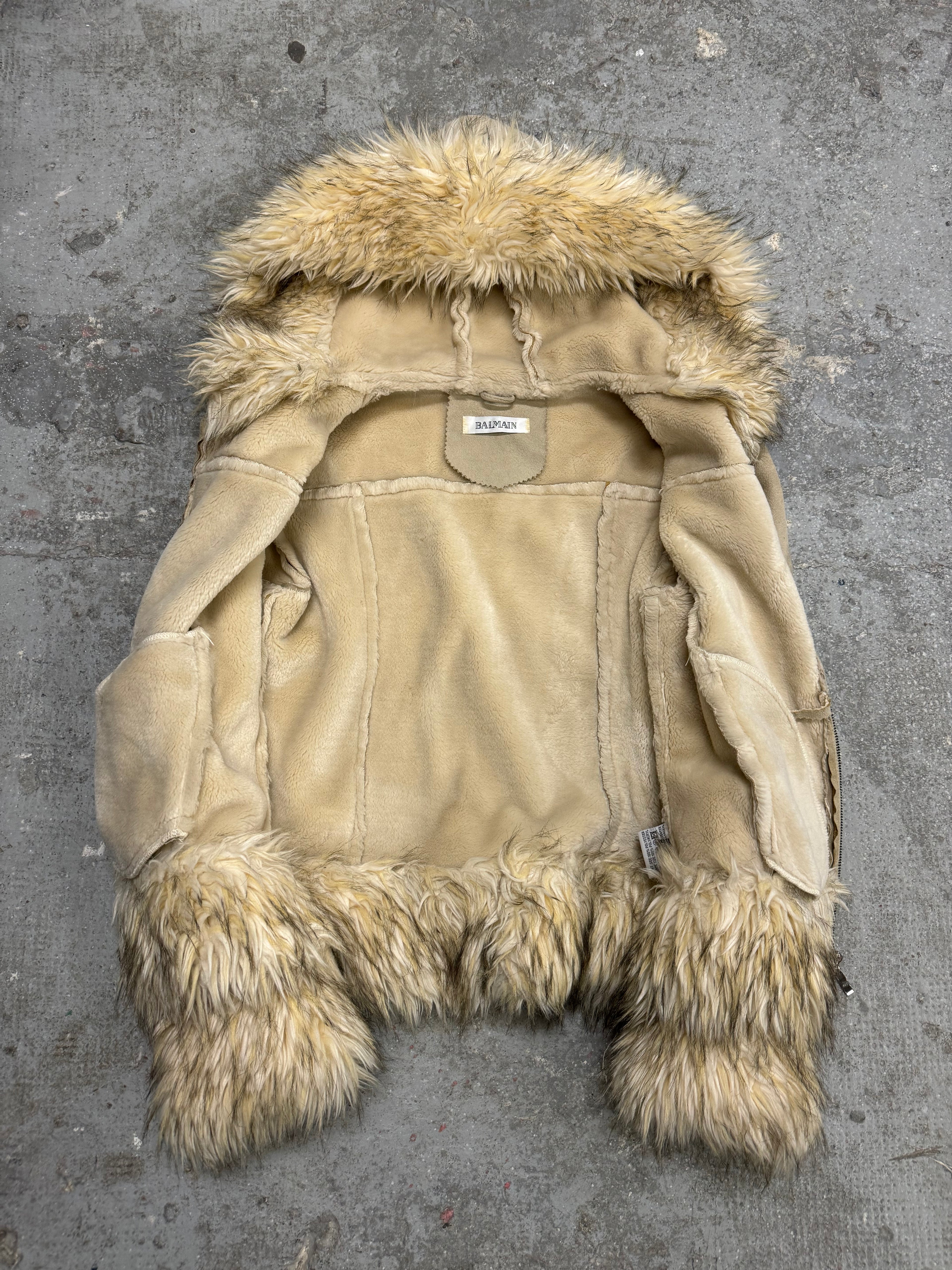 2000s Balmain Beige Faux Fur Hooded Leather Jacket  (OS)