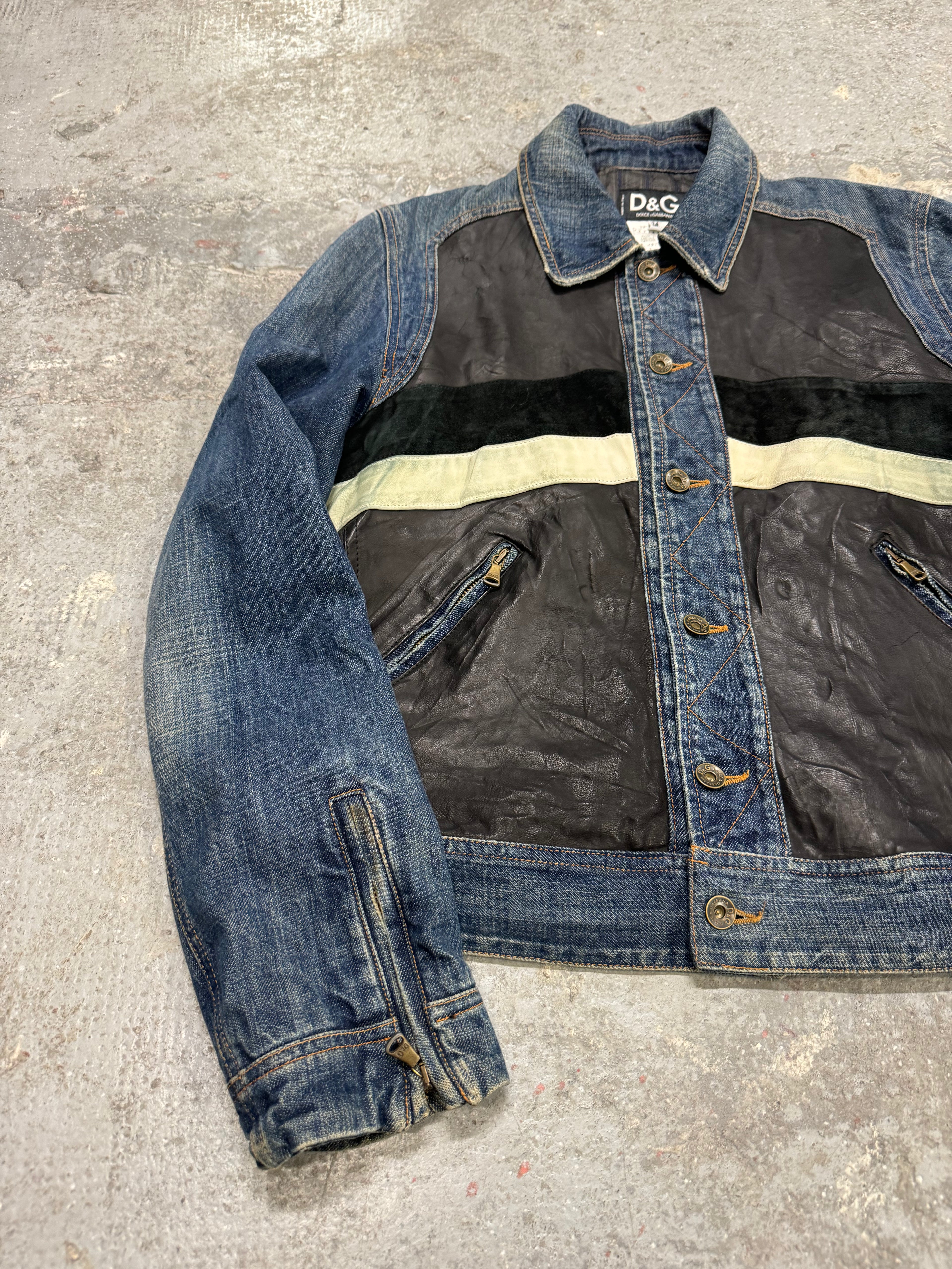 FW2005 Dolce & Gabbana Racer Leather Denim Jacket (M)