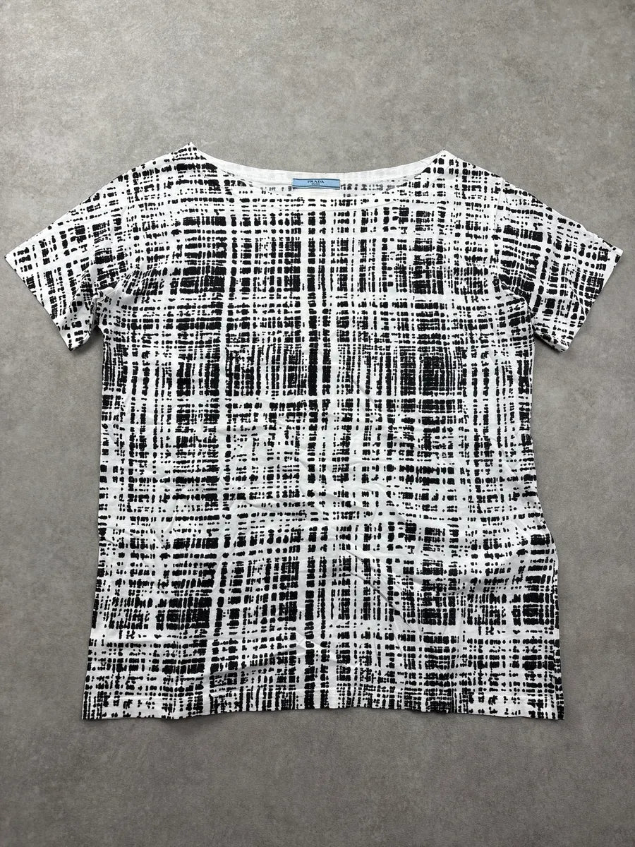 SS2011 Prada White Abstract Grid Boat Neck T-Shirt IQAxjgvz 0