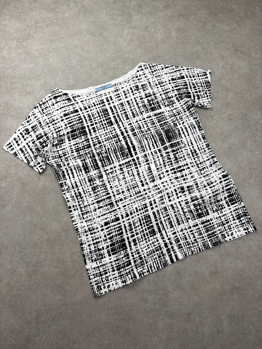 SS2011 Prada White Abstract Grid Boat Neck T-Shirt IQAxjgvz 3
