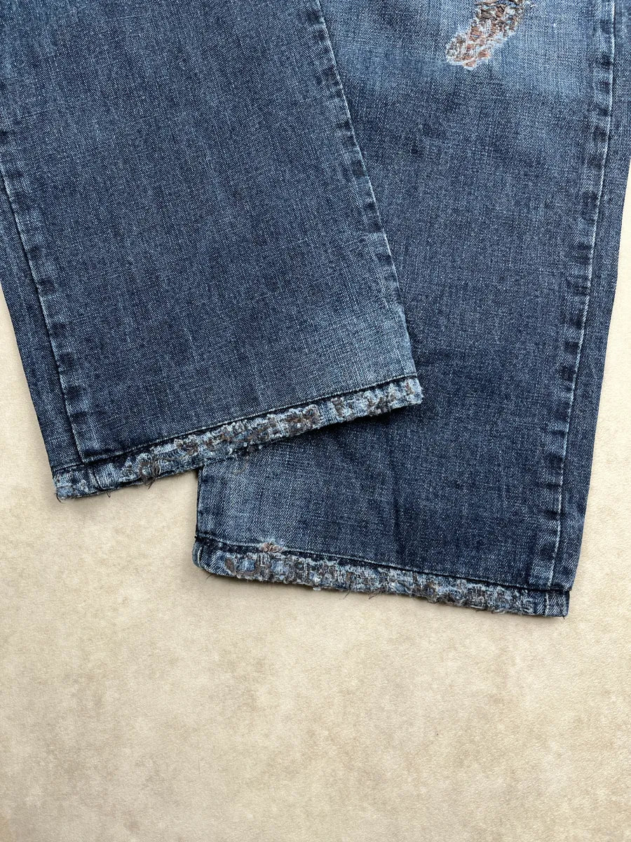 AW2005 Cavalli Dark Blue Denim Distressed Straight Leg Jeans IaTSRmBO 7