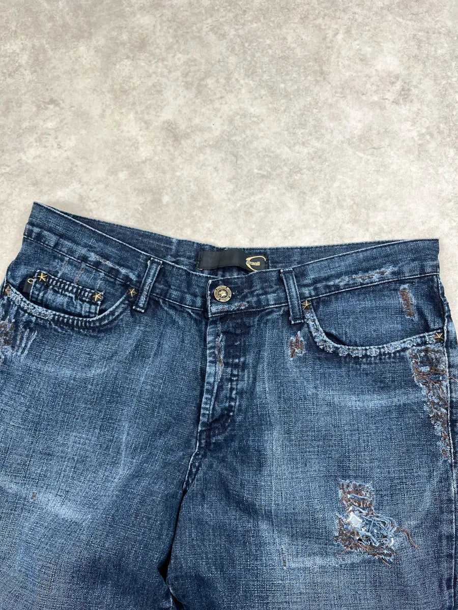 AW2005 Cavalli Dark Blue Denim Distressed Straight Leg Jeans IaTSRmBO 5