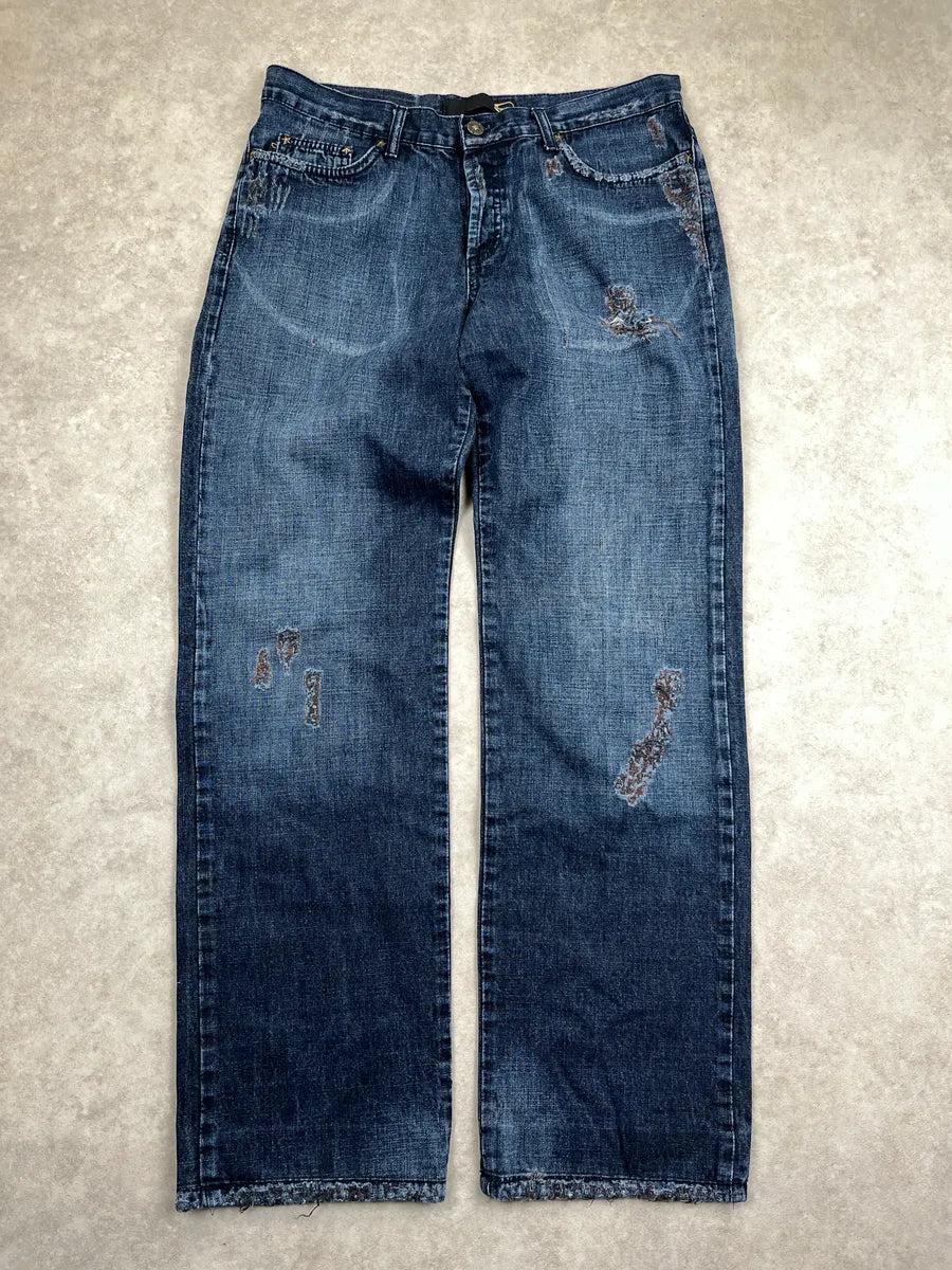 AW2005 Cavalli Dark Blue Denim Distressed Straight Leg Jeans IaTSRmBO 2