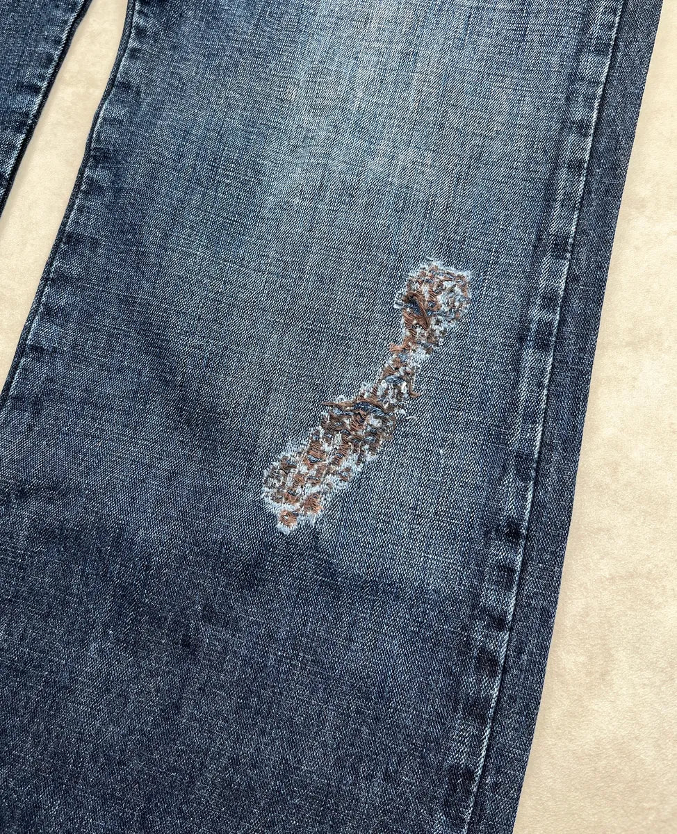 AW2005 Cavalli Dark Blue Denim Distressed Straight Leg Jeans IaTSRmBO 8