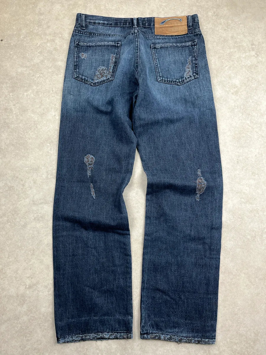 AW2005 Cavalli Dark Blue Denim Distressed Straight Leg Jeans IaTSRmBO 4