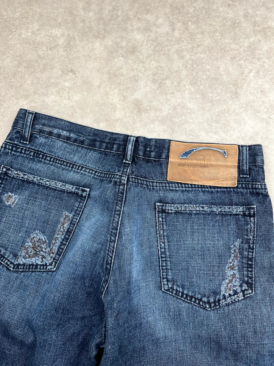 AW2005 Cavalli Dark Blue Denim Distressed Straight Leg Jeans IaTSRmBO 6