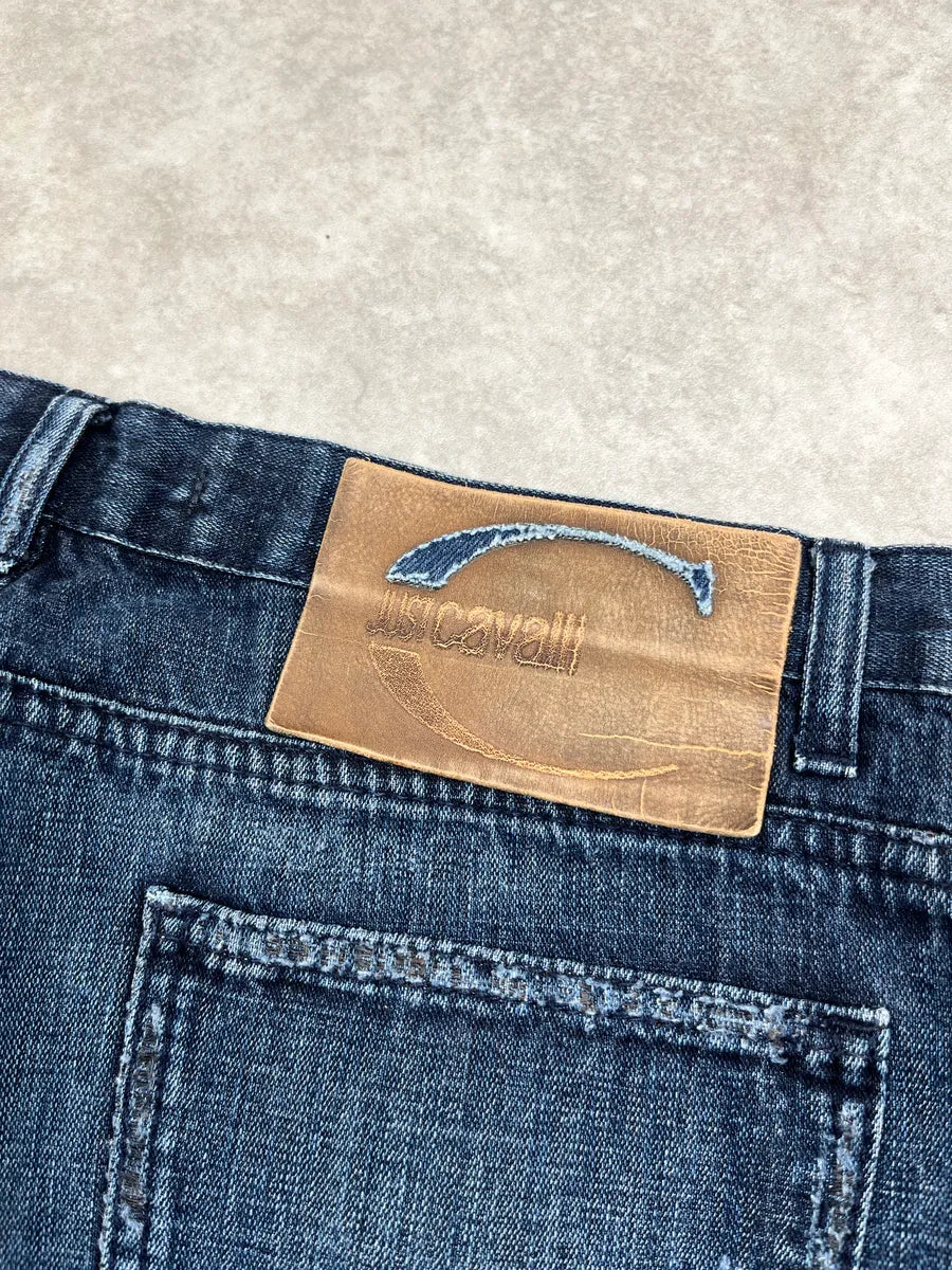 AW2005 Cavalli Dark Blue Denim Distressed Straight Leg Jeans IaTSRmBO 9