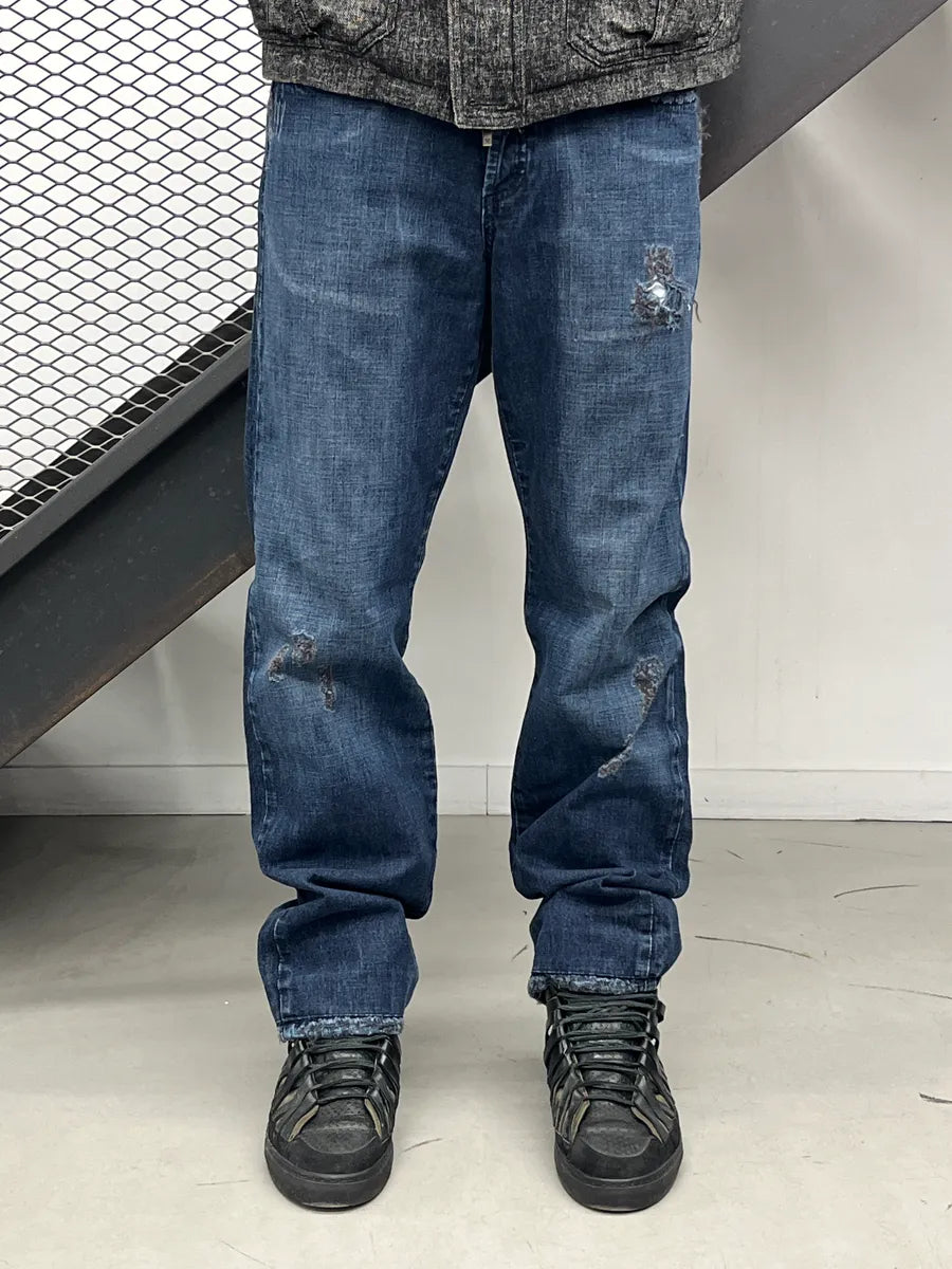 AW2005 Cavalli Dark Blue Denim Distressed Straight Leg Jeans IaTSRmBO 0