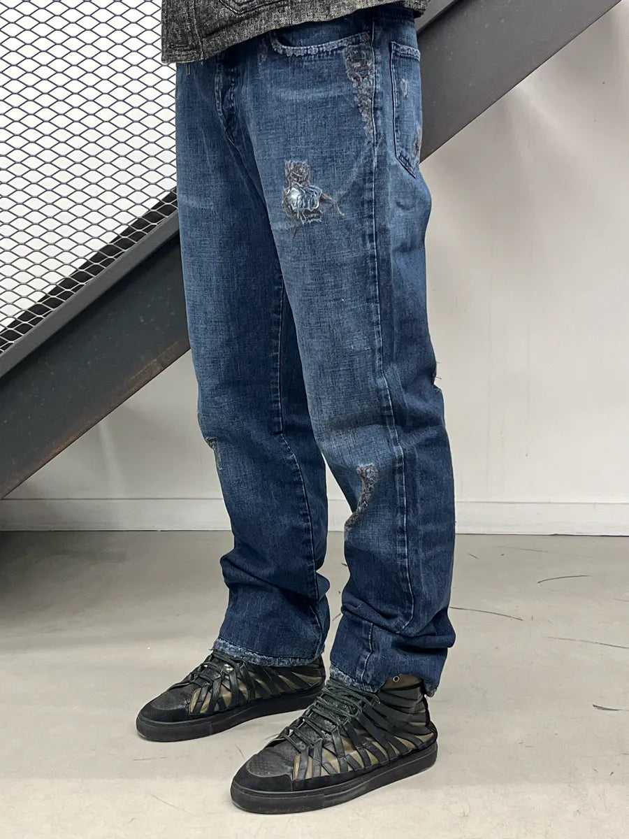 AW2005 Cavalli Dark Blue Denim Distressed Straight Leg Jeans IaTSRmBO 3