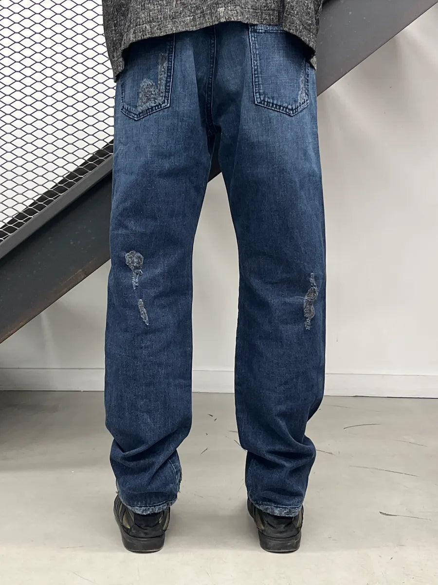 AW2005 Cavalli Dark Blue Denim Distressed Straight Leg Jeans IaTSRmBO 1