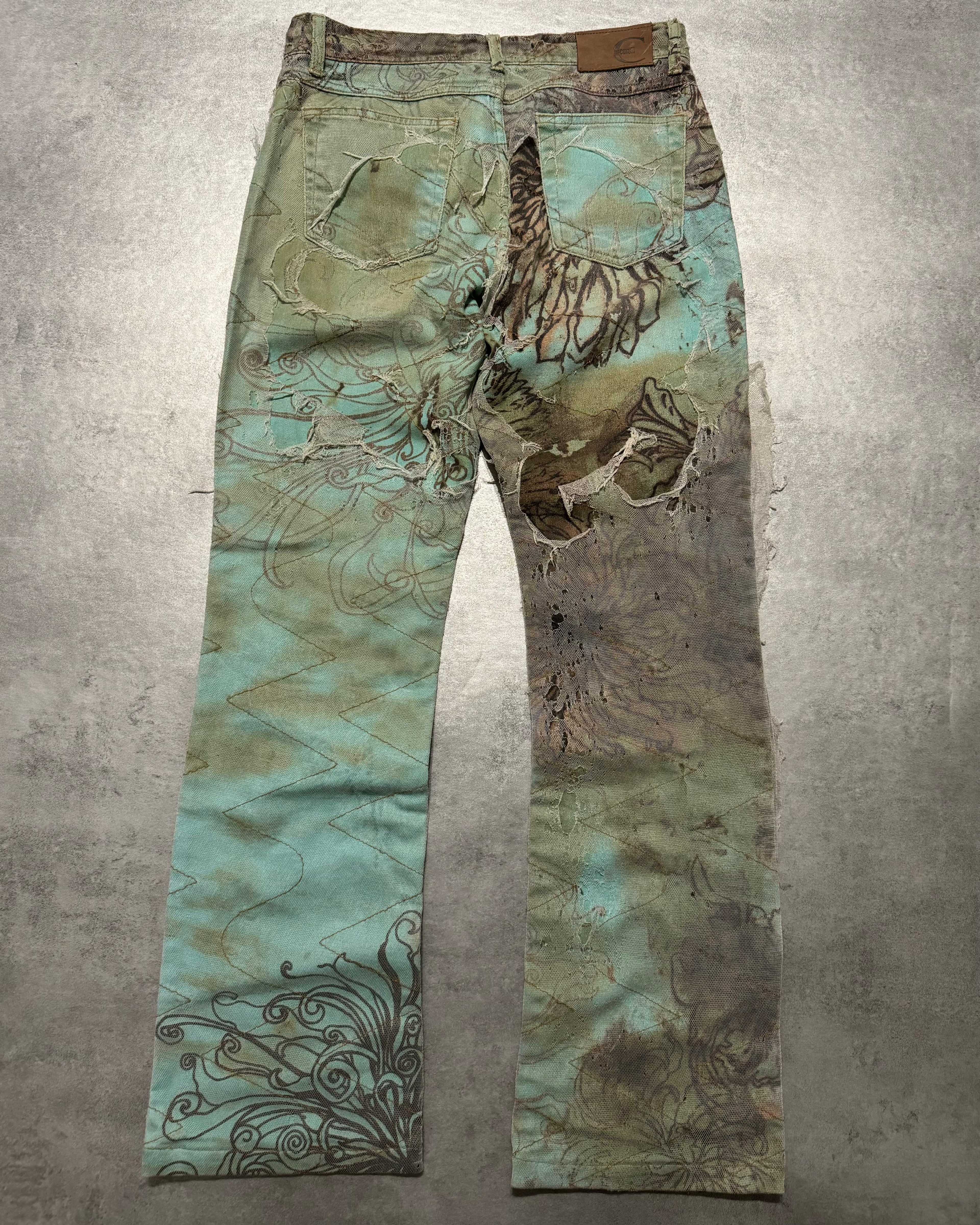 2000s Cavalli Destructured Artistic Floral Blue Pants (S) - 2