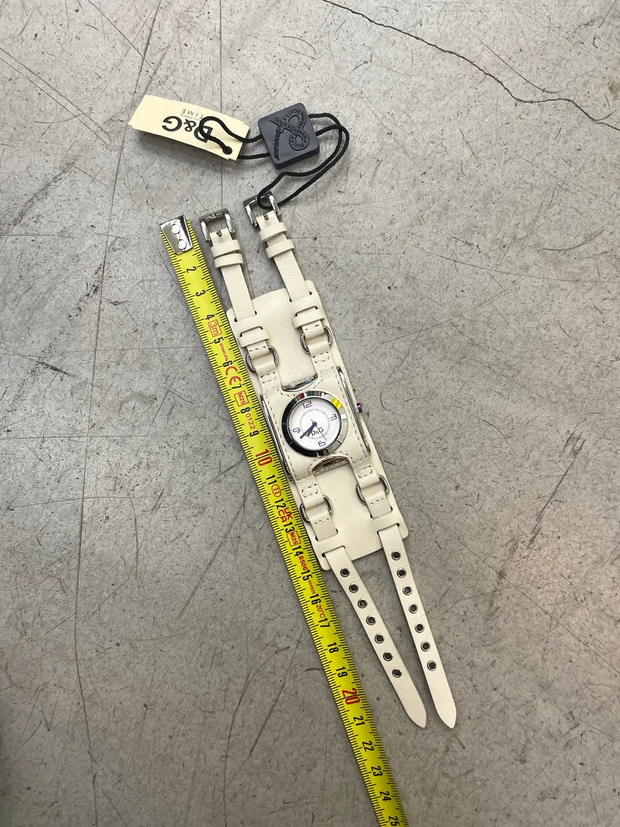 2000s Dolce & Gabbana White Leather Cuff Strap Logo Watch Iffasqoy 1
