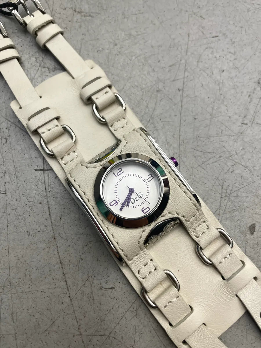 2000s Dolce & Gabbana White Leather Cuff Strap Logo Watch Iffasqoy 5