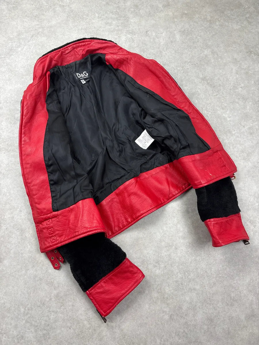 2000s Dolce & Gabbana Red Shearling Panel Biker Leather Jacket IpSQVXBp 3