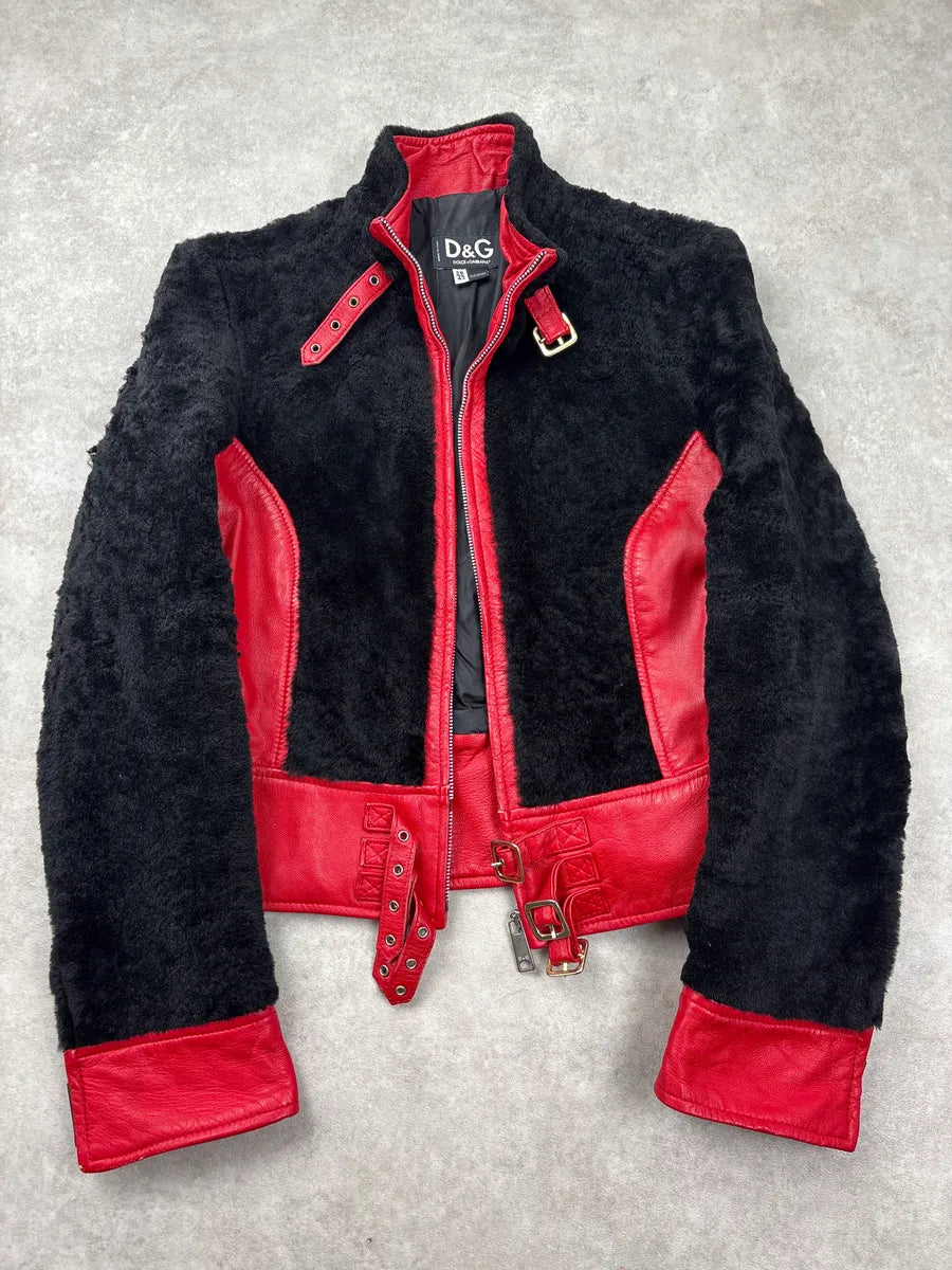 2000s Dolce & Gabbana Red Shearling Panel Biker Leather Jacket IpSQVXBp 0
