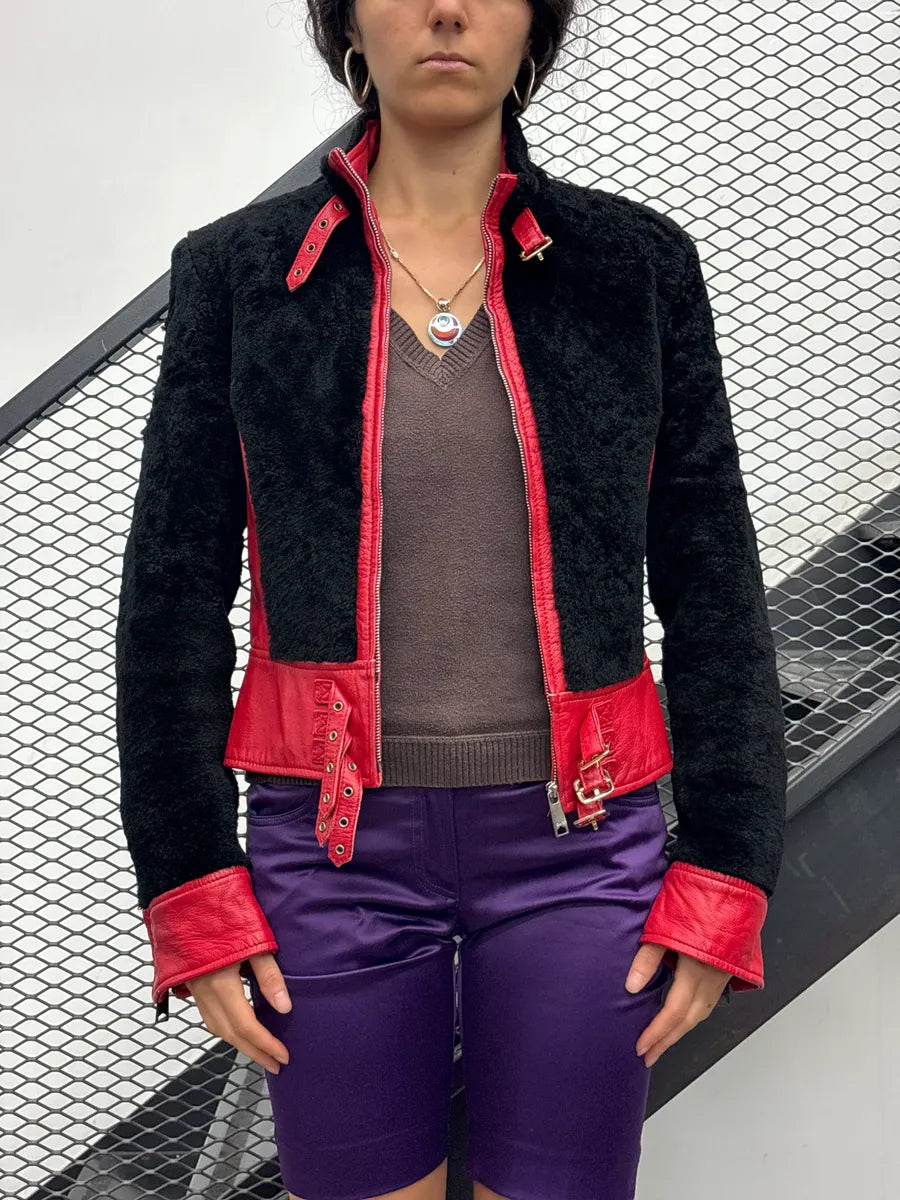 2000s Dolce & Gabbana Red Shearling Panel Biker Leather Jacket IpSQVXBp 1