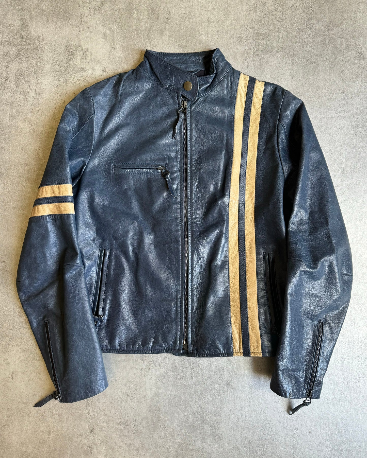 2000s Dolce & Gabbana Stripes Navy Leather Biker Racer Jacket (XS/S) - 1