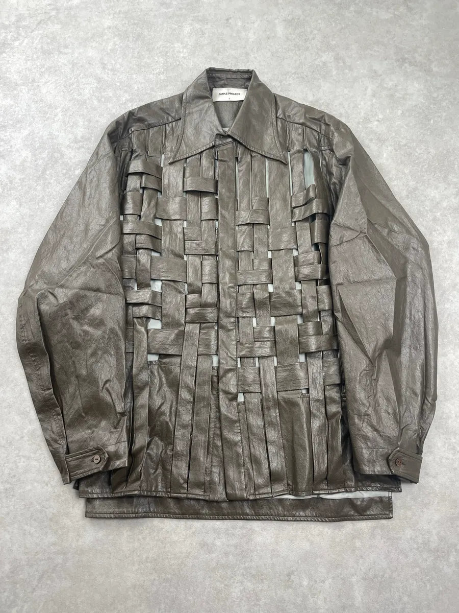 Simple Project Metallic Taupe Faux Leather Woven Panel Light Jacket IxMaOJHy 0