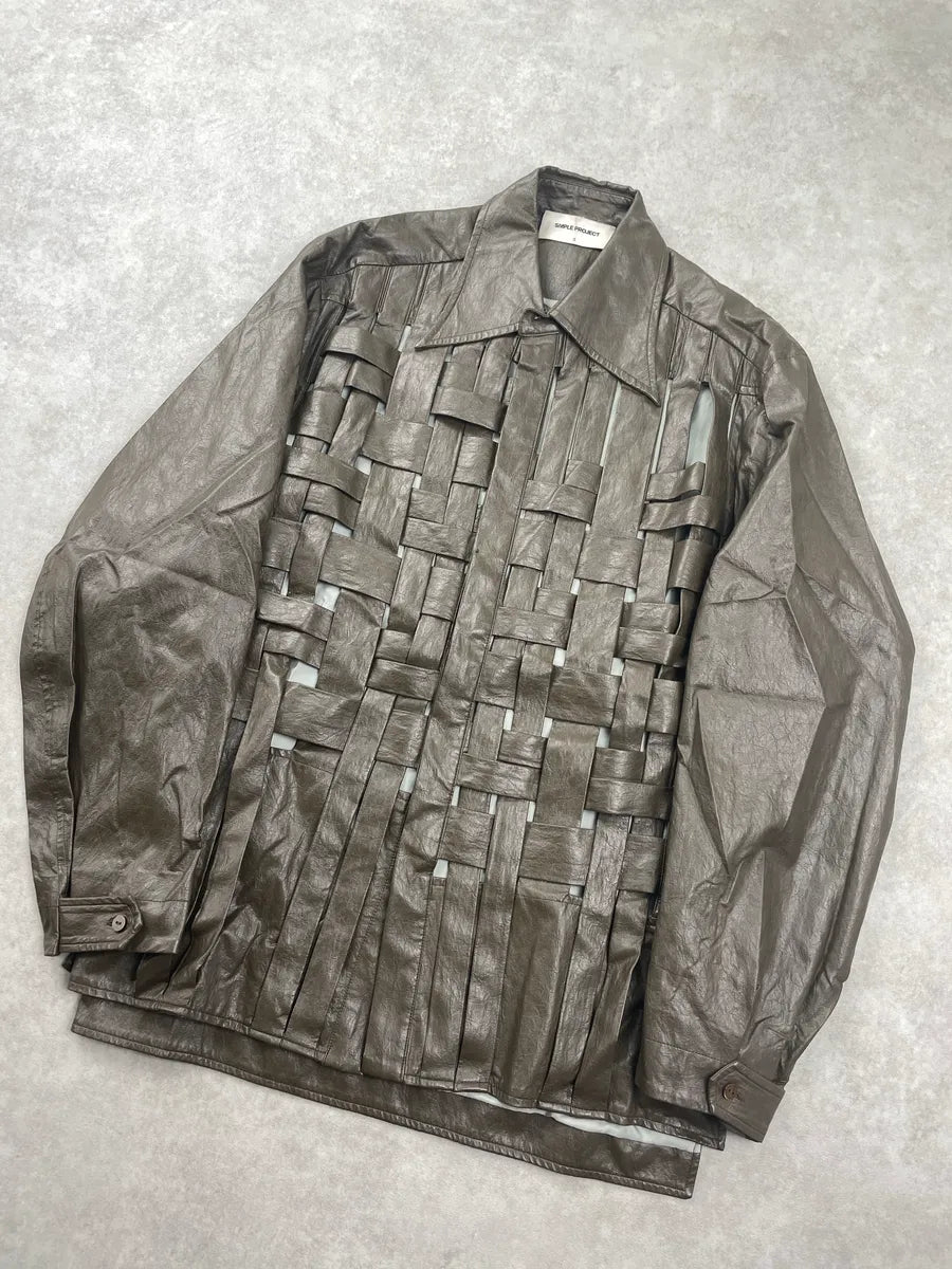 Simple Project Metallic Taupe Faux Leather Woven Panel Light Jacket IxMaOJHy 3