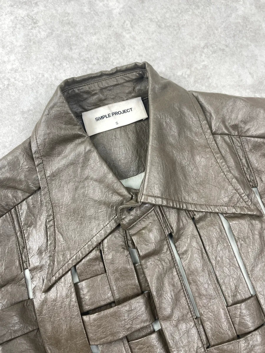 Simple Project Metallic Taupe Faux Leather Woven Panel Light Jacket IxMaOJHy 8