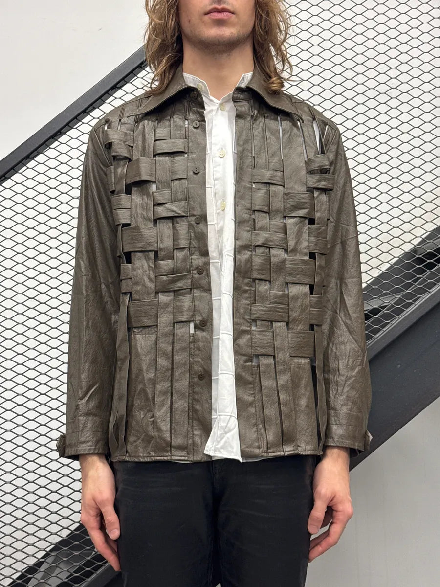 Simple Project Metallic Taupe Faux Leather Woven Panel Light Jacket IxMaOJHy 1