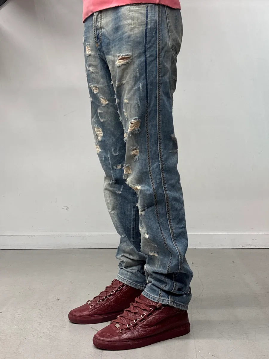 AW2005 Cavalli Light Blue Denim Stitch Distressed Jeans JJjlzmMj 2
