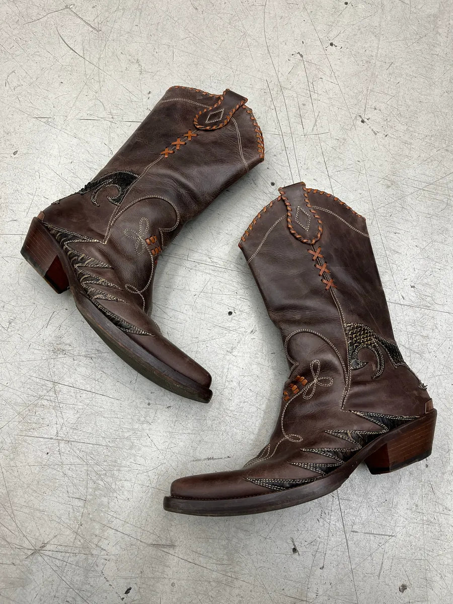 2000s Roberto Cavalli Python Western Cowboy Brown Leather Boots JWjbsvXN 1