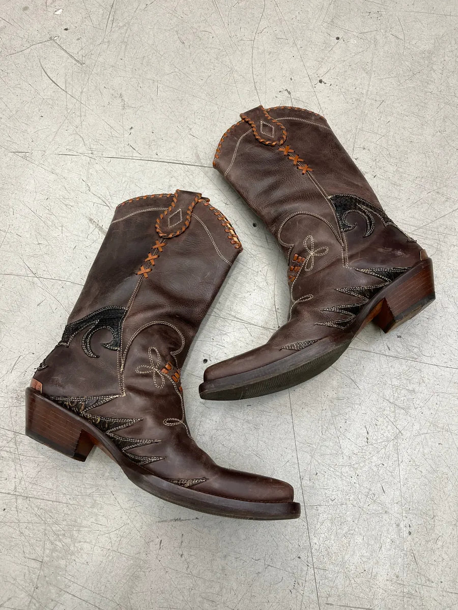 2000s Roberto Cavalli Python Western Cowboy Brown Leather Boots JWjbsvXN 2