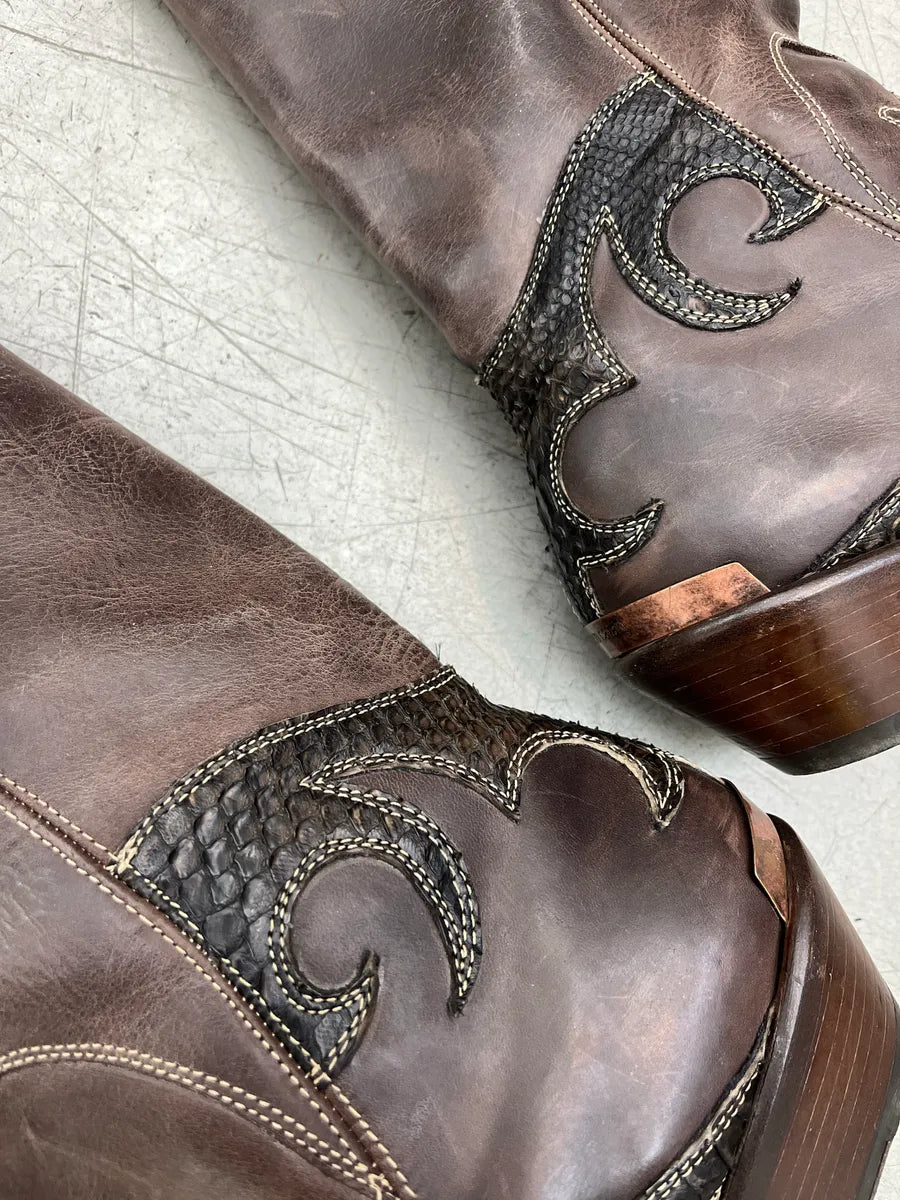 2000s Roberto Cavalli Python Western Cowboy Brown Leather Boots JWjbsvXN 4