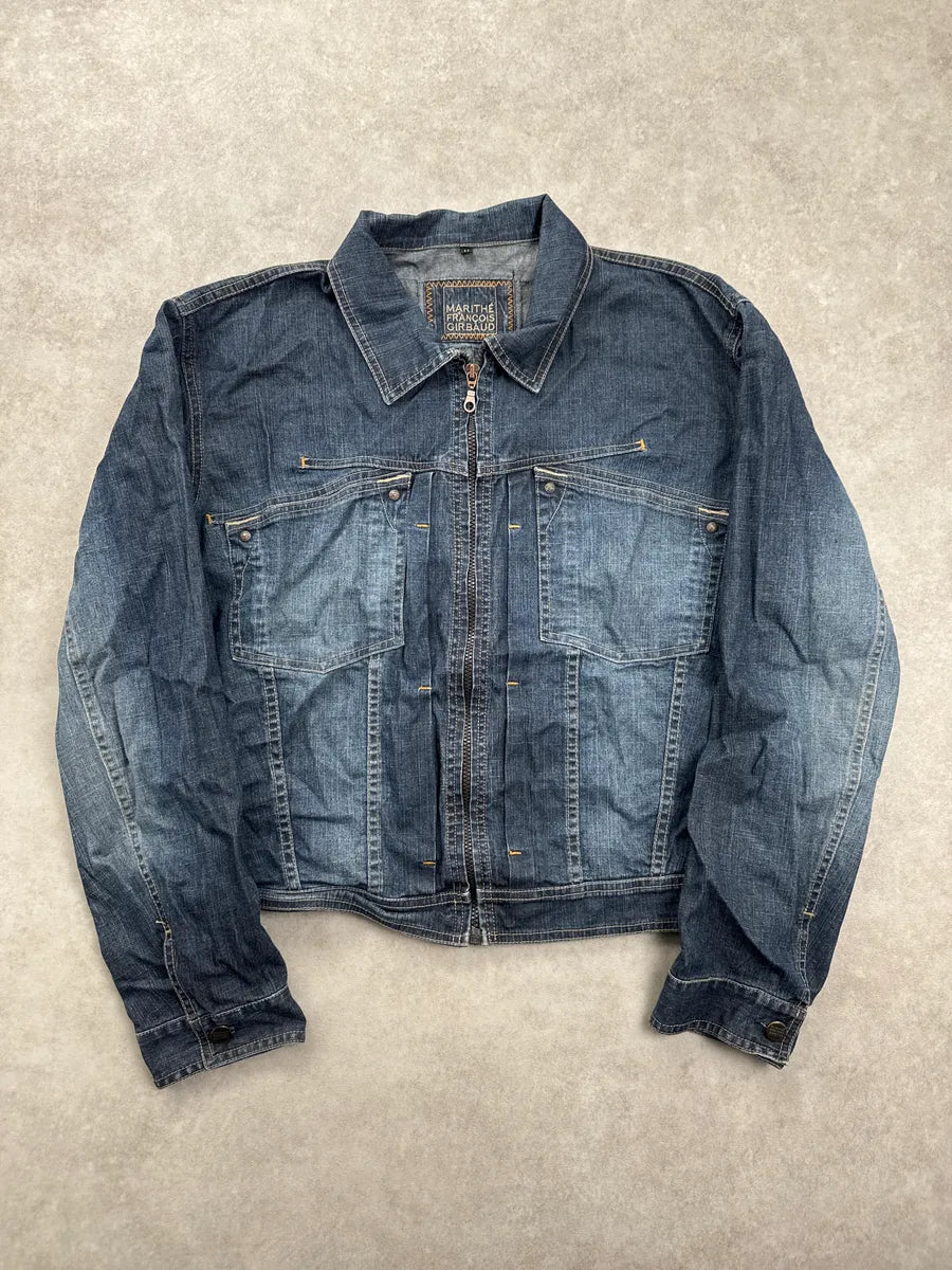 2000s Marithé + François Girbaud Navy Faded Zip-Up Denim Jacket JZjwVWaN 0