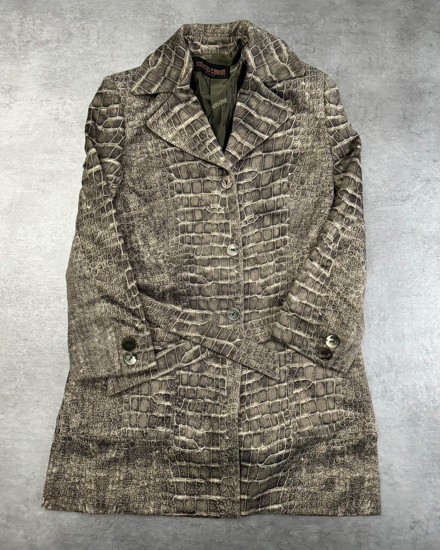 2000s Roberto Cavalli Grey Crocodile Effect Trench Jacket (XXS/XS) - 1