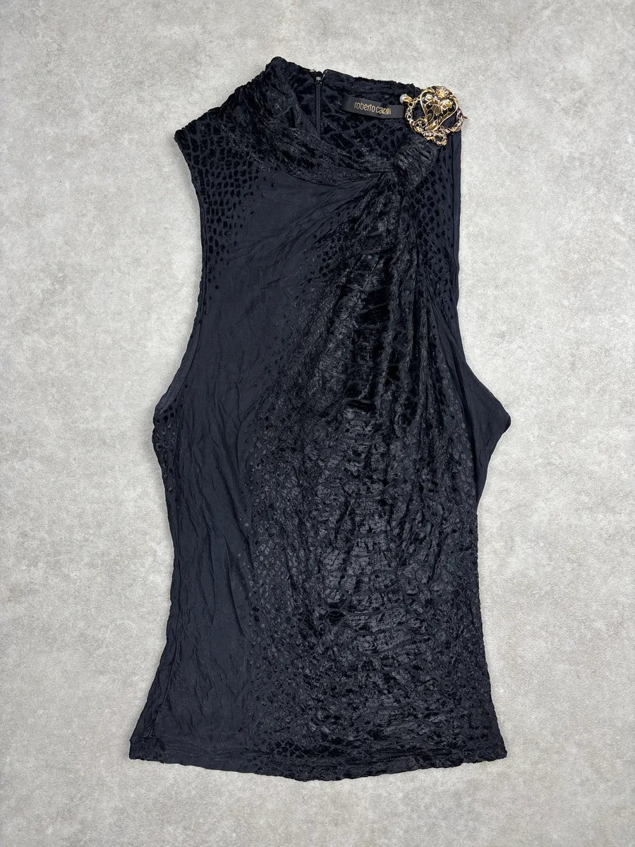SS2005 Roberto Cavalli Black Velvet Snake Brooch Draped Top JljkTScr 0
