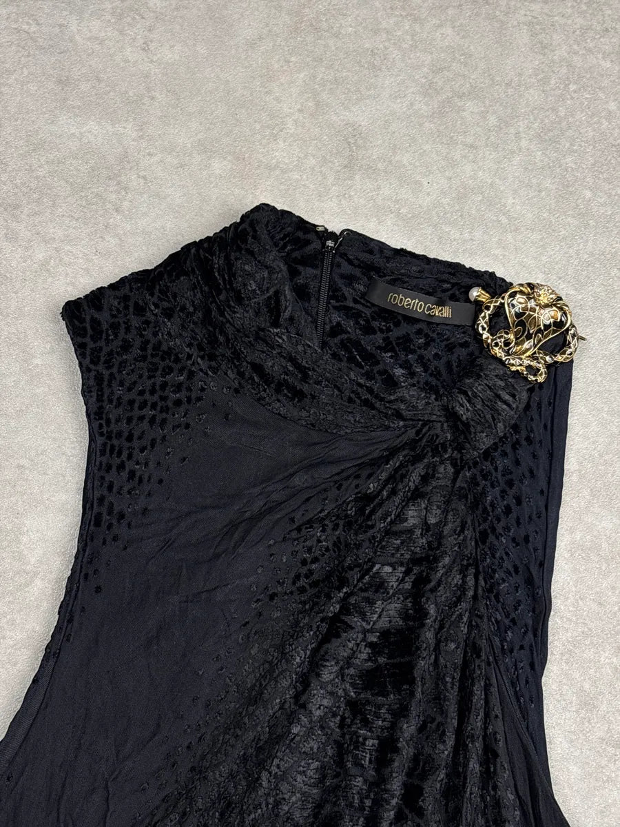 SS2005 Roberto Cavalli Black Velvet Snake Brooch Draped Top JljkTScr 7
