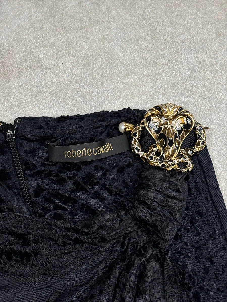 SS2005 Roberto Cavalli Black Velvet Snake Brooch Draped Top JljkTScr 8