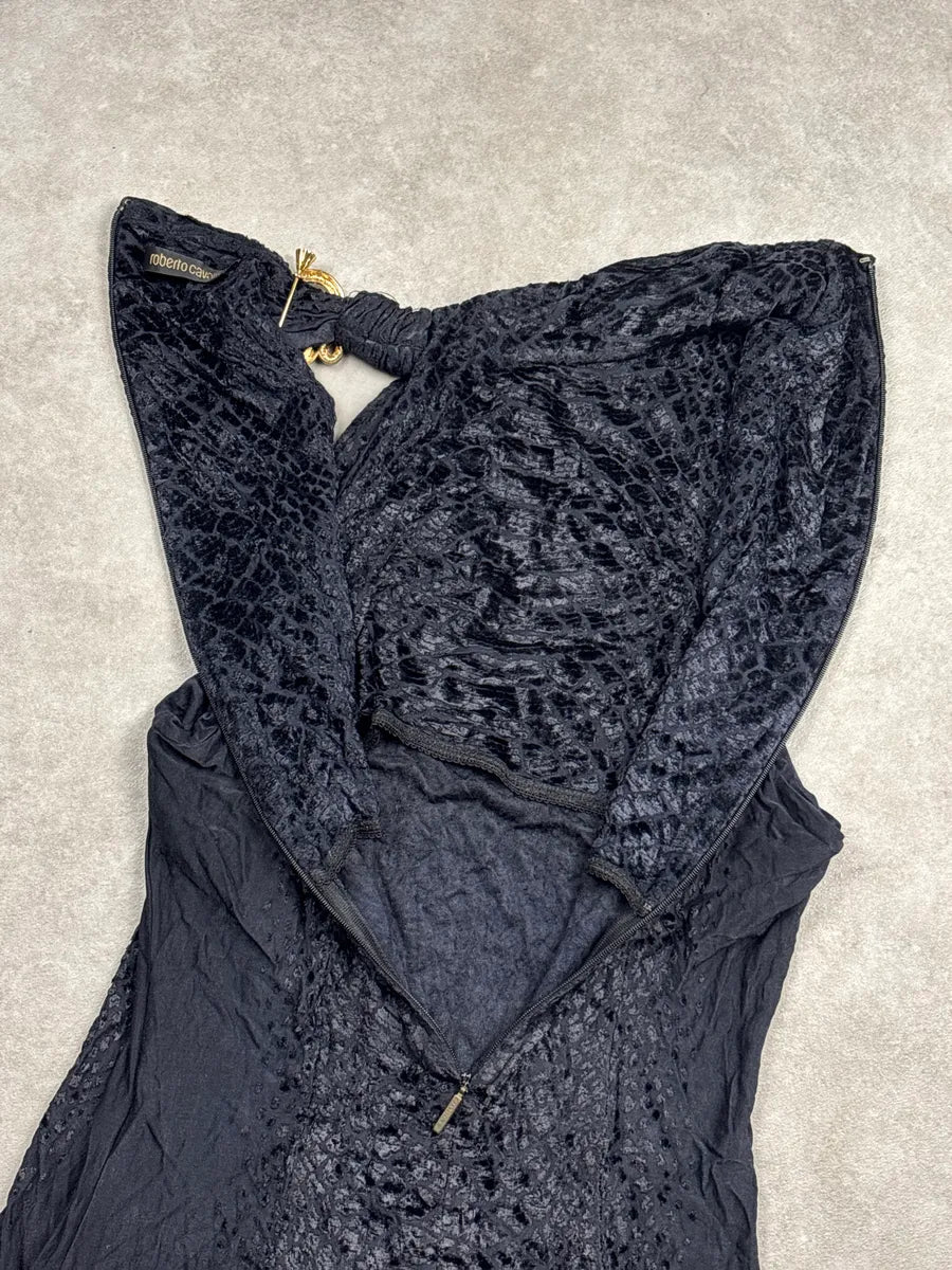 SS2005 Roberto Cavalli Black Velvet Snake Brooch Draped Top JljkTScr 6