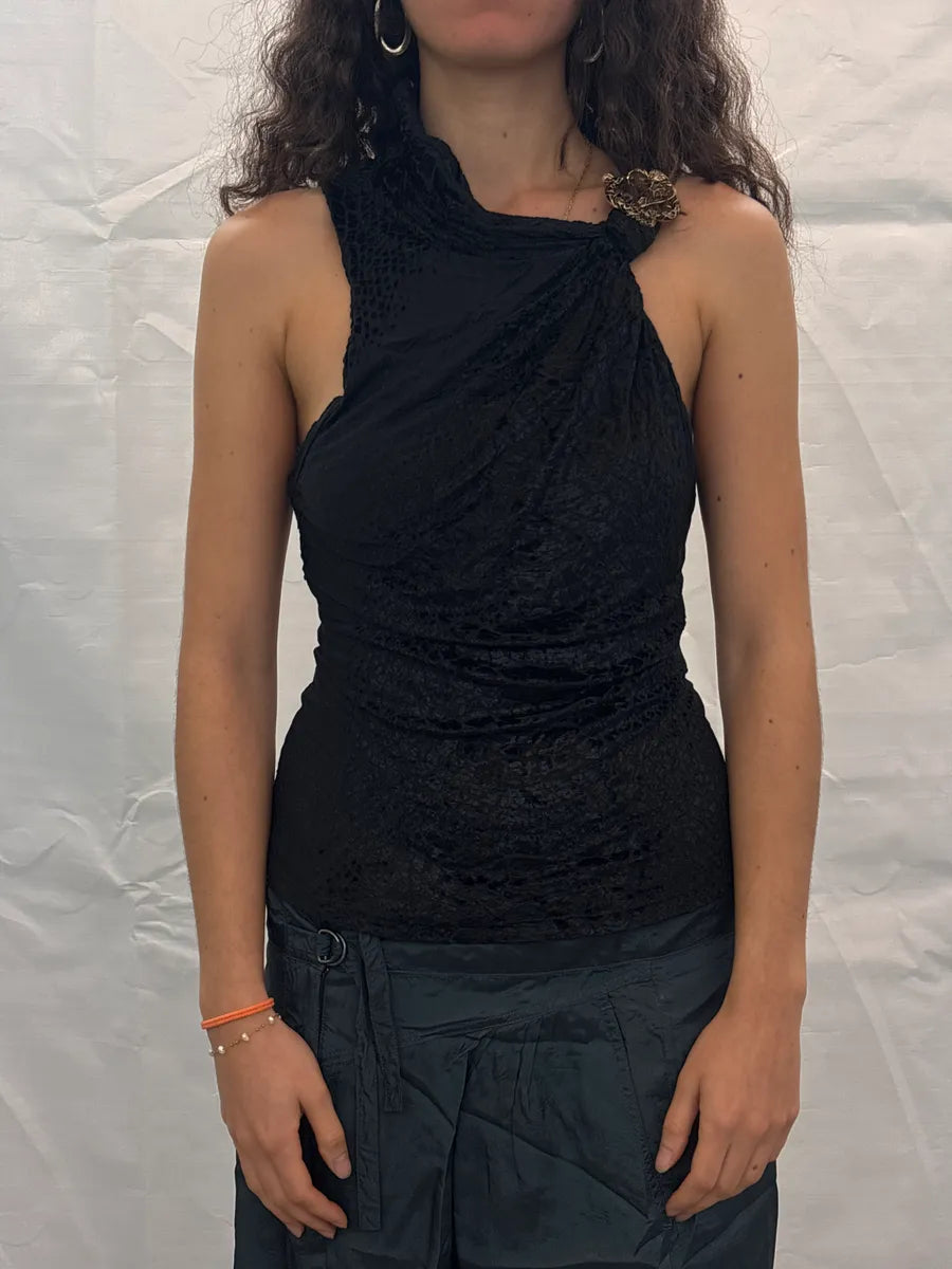 SS2005 Roberto Cavalli Black Velvet Snake Brooch Draped Top JljkTScr 1