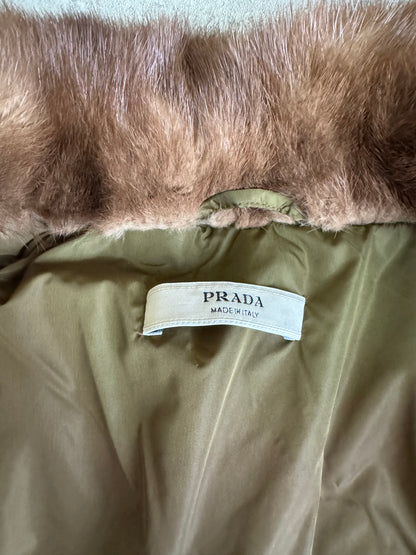 2000s Prada Olive Fur Collar Italian Nylon Puffer Jacket  (XS) - 5