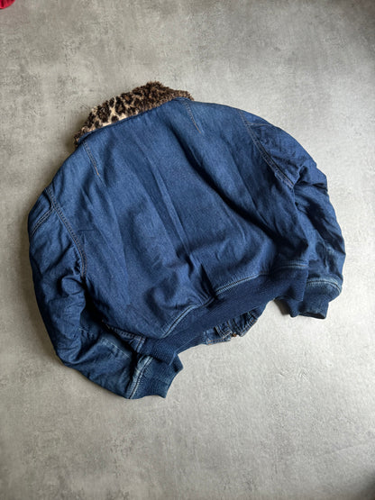 1990s Moschino Leopard Fur Denim Relaxed Bomber Jacket (S) - 7