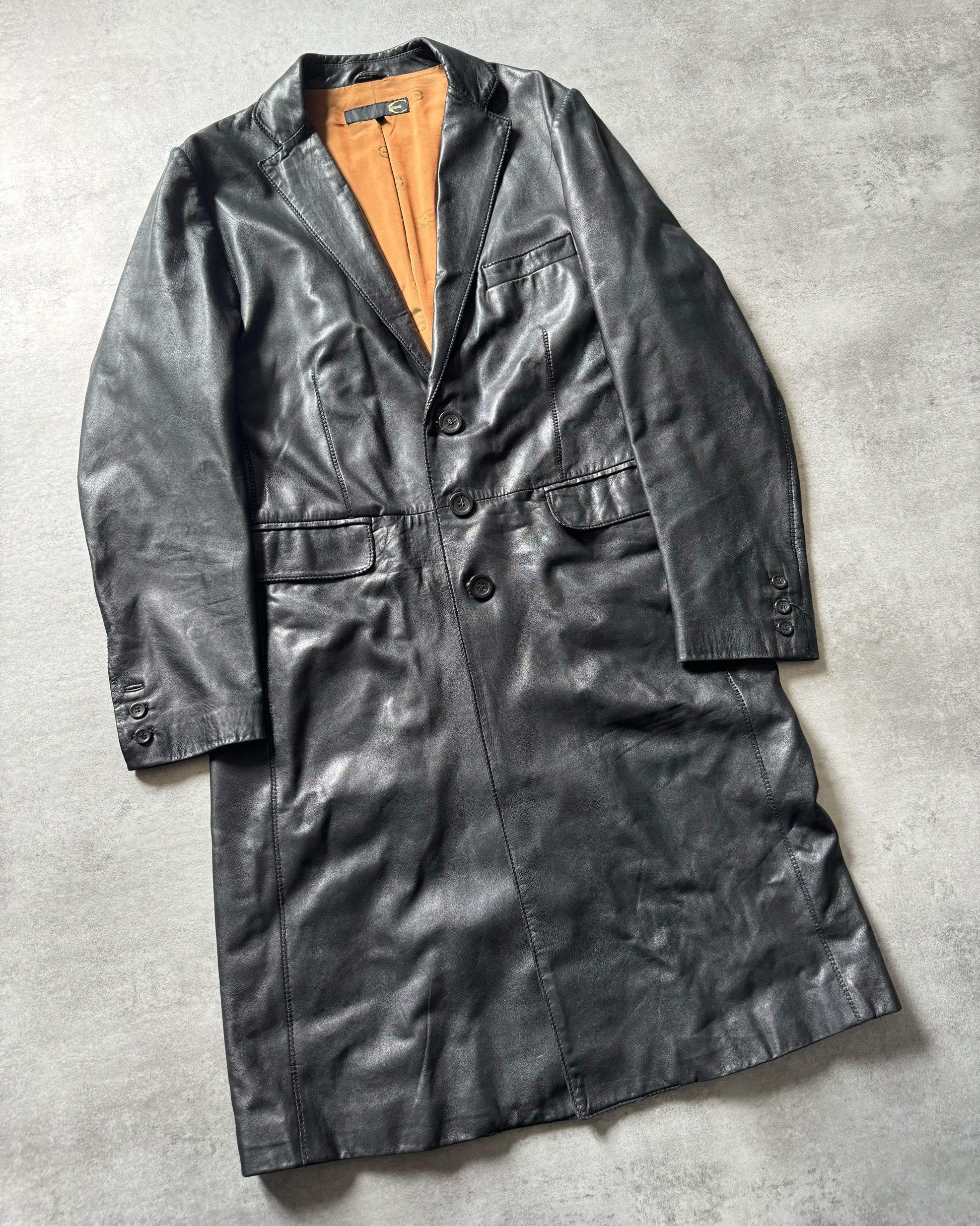 AW2005 Cavalli Black Leather Trench Matrix Jacket (L) - 5