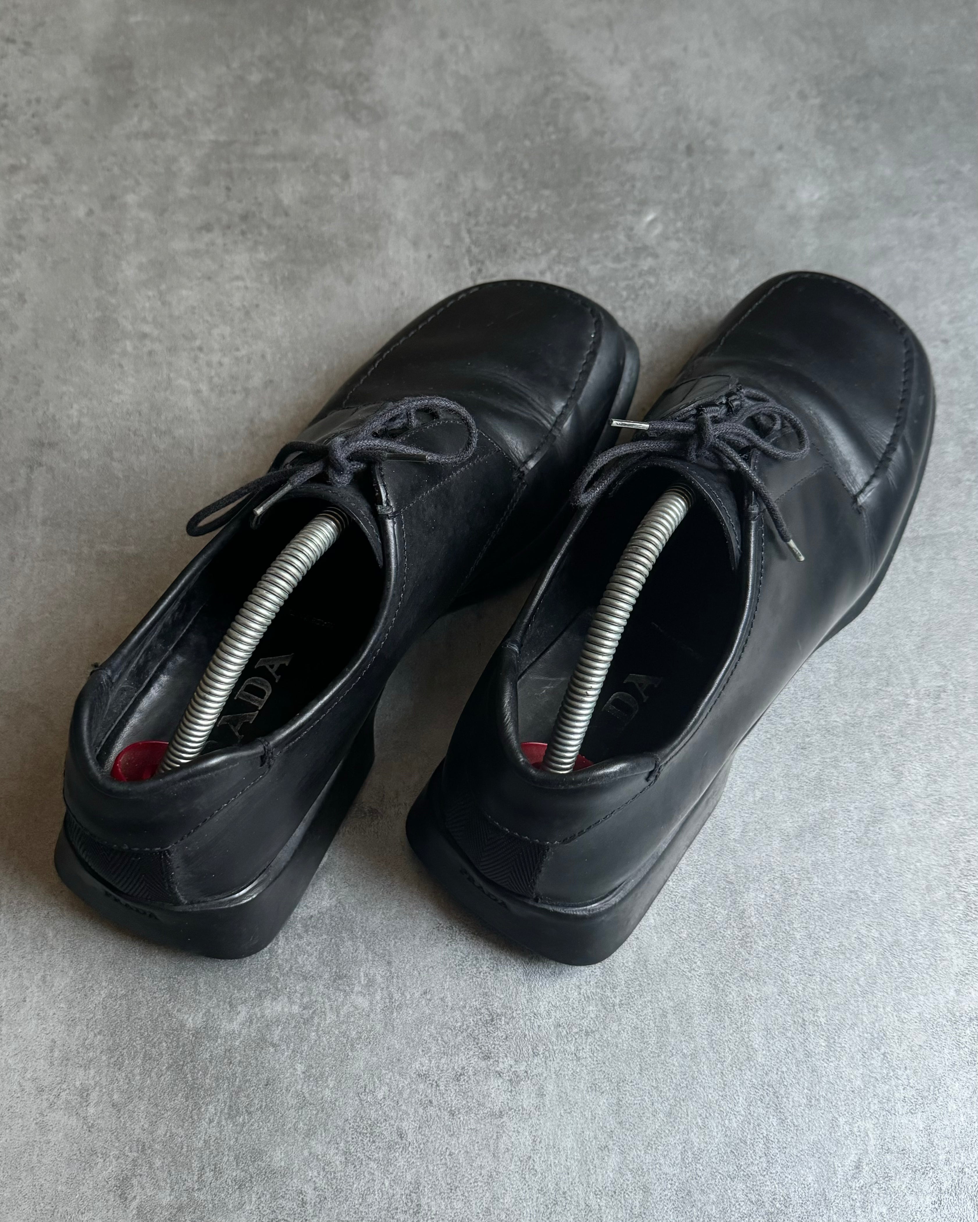 FW1999 Prada Black Leather Derby Square Toe Shoes – Dolce Vita Hub FW1999 Prada Black Leather Derby Square Toe Shoes – Dolce Vita Hub
