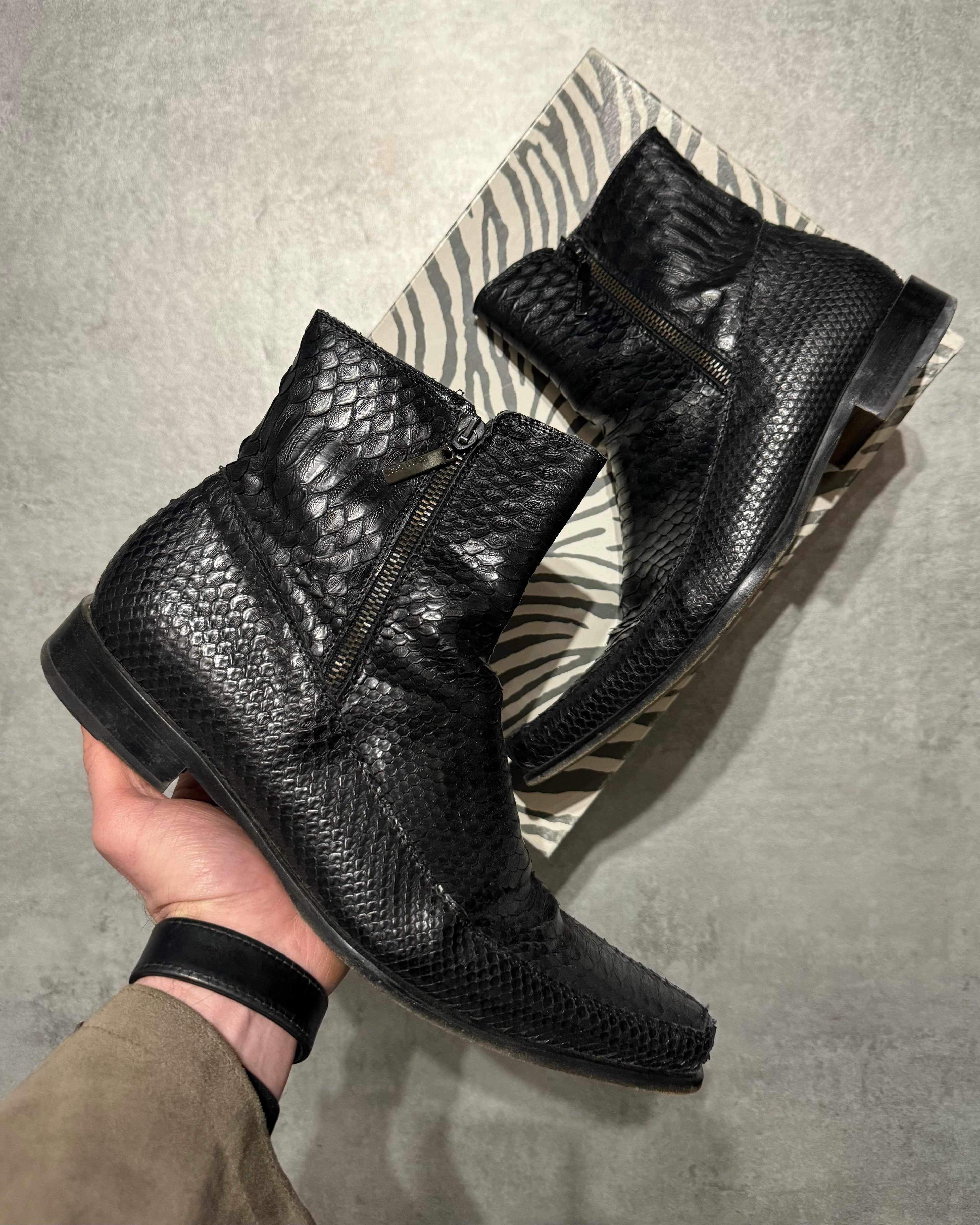 2000s Roberto Cavalli Black Python Leather Rocker Biker Boots (42,5) - 1