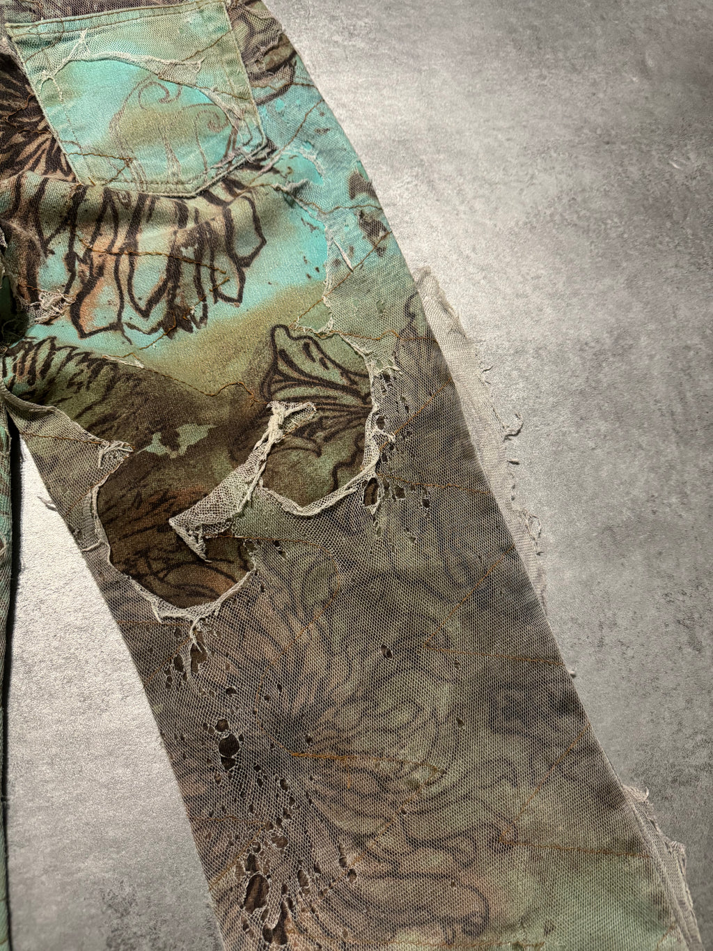 2000s Cavalli Destructured Artistic Floral Blue Pants (S) - 5