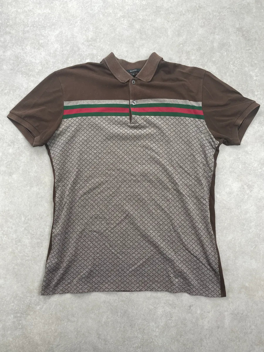 2010s Gucci Brown Green-Red Stripe Micro Geometric Slim Fit Polo KSZTRHFh 0